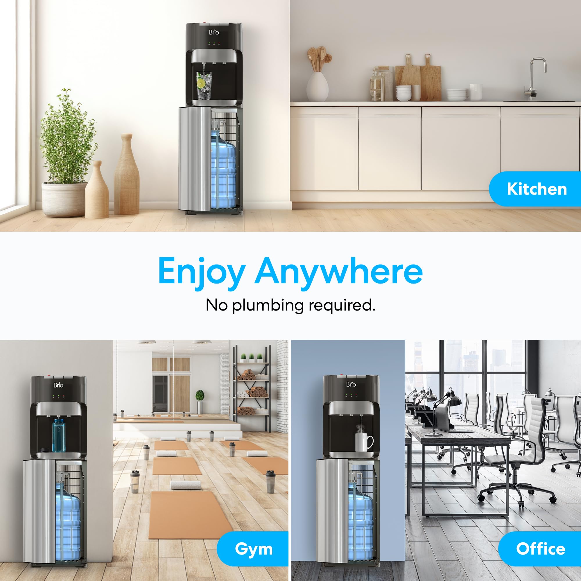 Brio Bottom Loading Water Cooler Dispenser for 5 Gallon Bottles - 3 Temperature Settings (Hot, Room, Cold) with Child Safety Lock, LED Display & Empty Bottle Alert - Stainless Steel Office & Home Water Dispenser for Kitchen, Breakroom, or Workplace Hydration