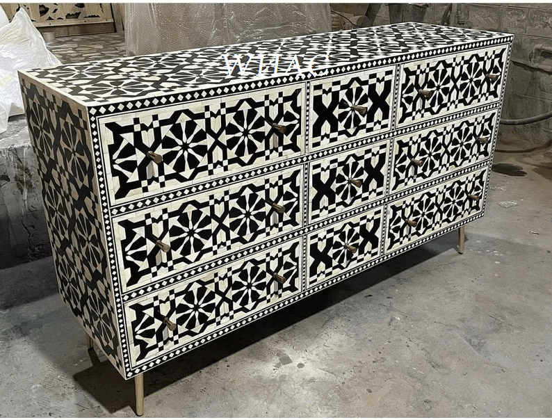 Handmade Bone Inlay Moroccan Design 9-Drawer Dresser - Black Wooden Chest for Bedroom Storage & Home Decor | Vintage Boho Furniture for Living Room, Guest Room & Master Bedroom