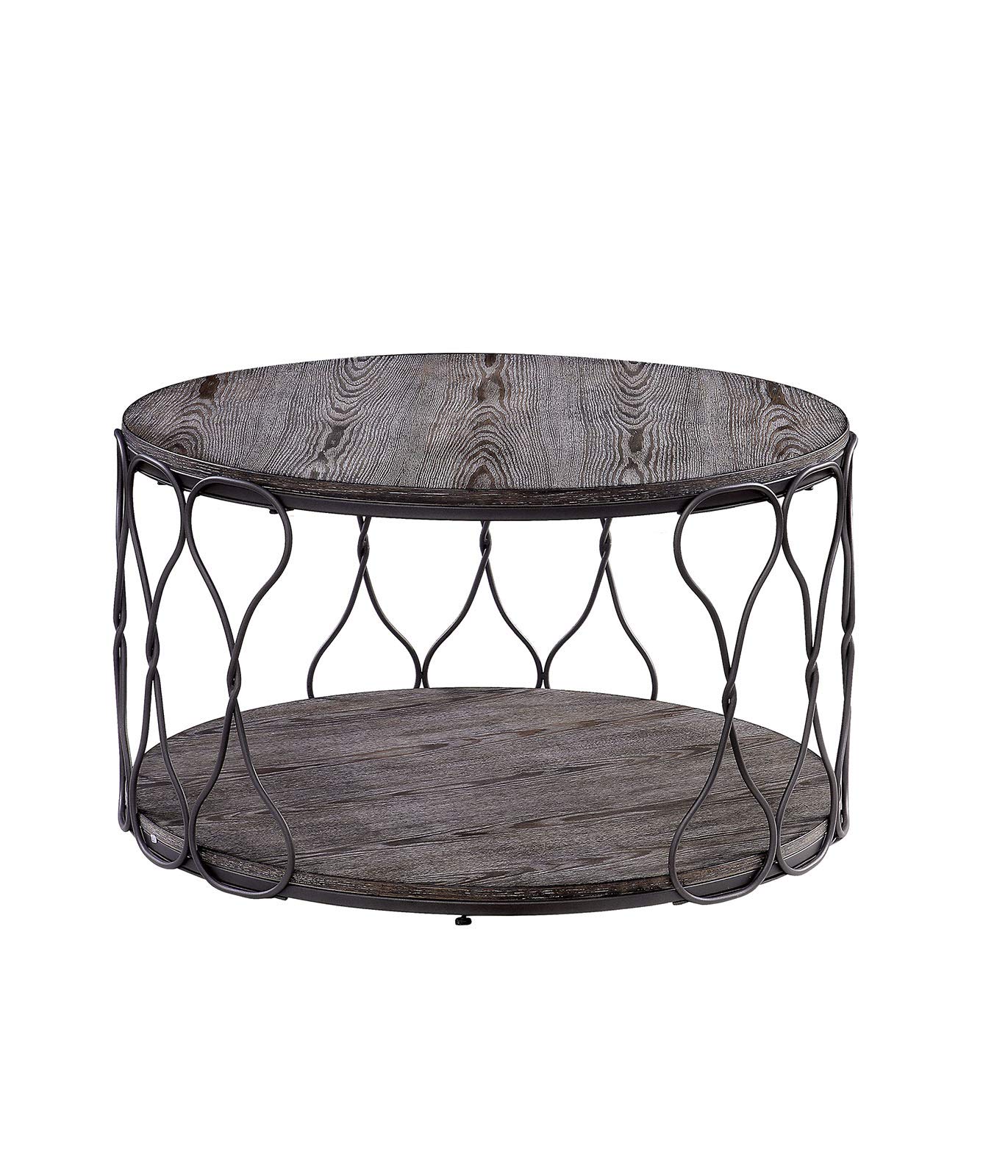 Round Metal Wood Coffee Table with Open Shelf - Gray & Brown for Living Room