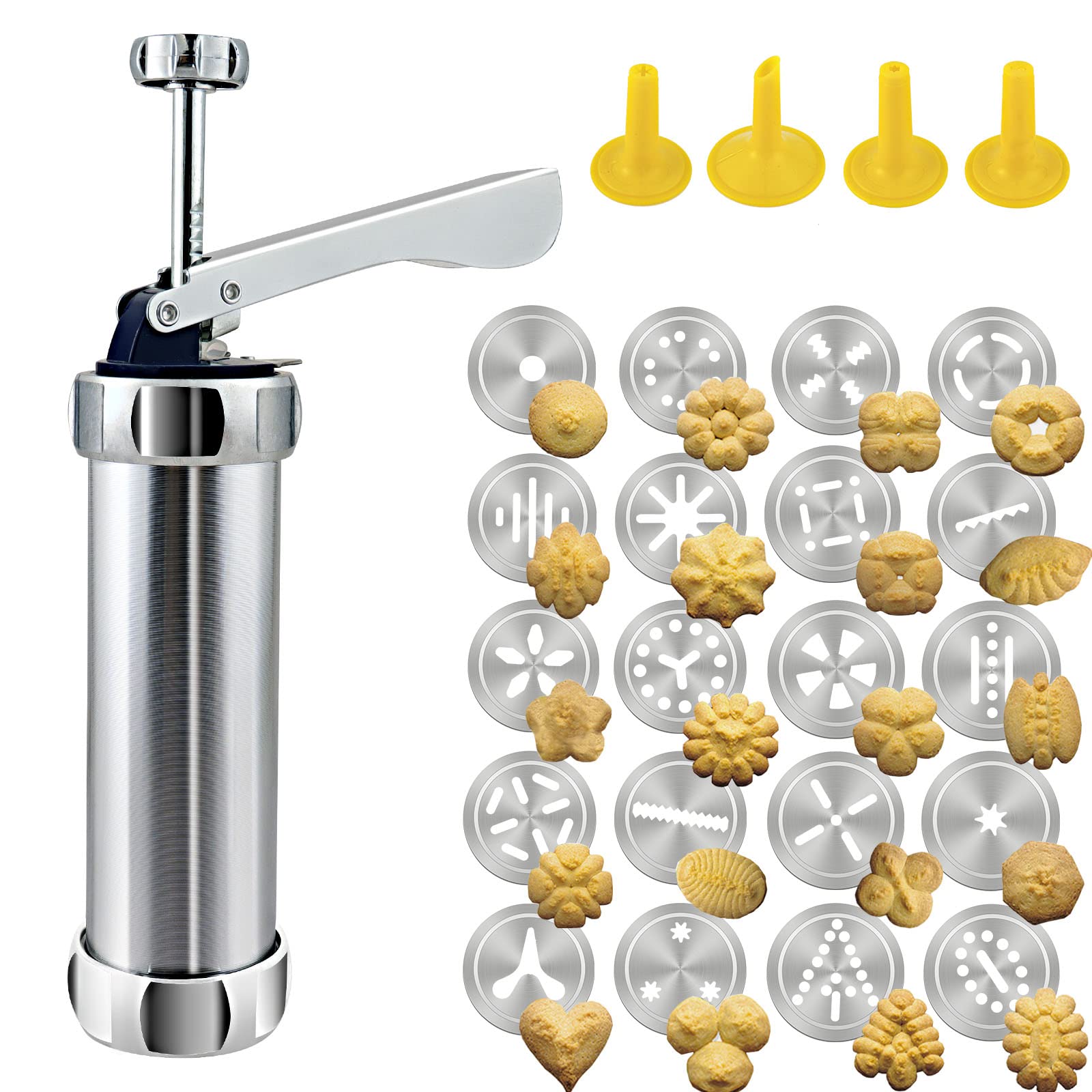 Aluminum Cookie Press Gun with 20 Disc Molds & 4 Ice Cream Nozzles - Professional DIY Biscuit Maker for Home Baking, Cake Decorating, and Holiday Cookie Making