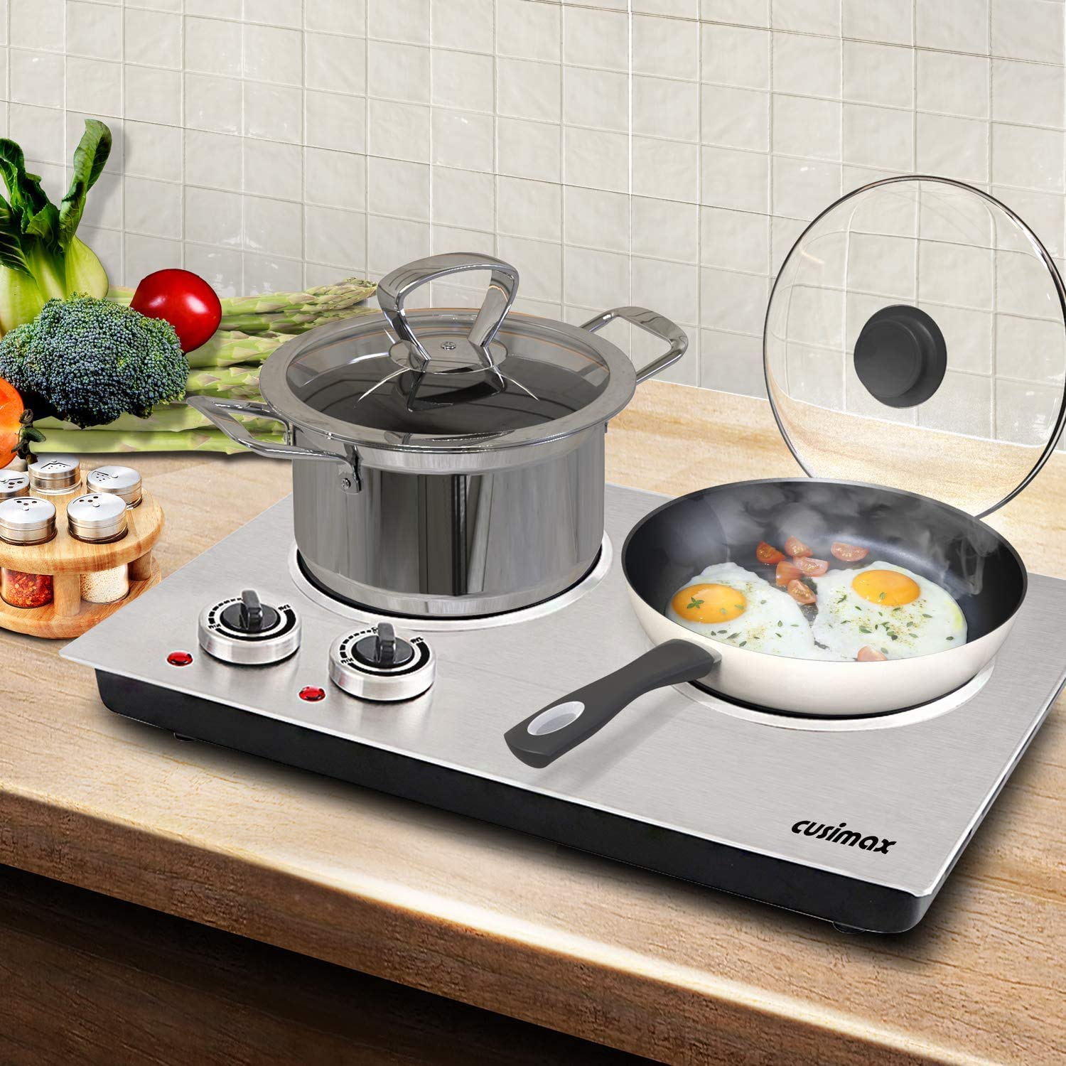 CUSIMAX 1800W Dual Control Infrared Ceramic Electric Hot Plate - Portable Countertop Burner with Glass Plate, Stainless Steel (Upgraded Version) - Perfect for Dorm Rooms, Camping & Small Kitchen Cooking