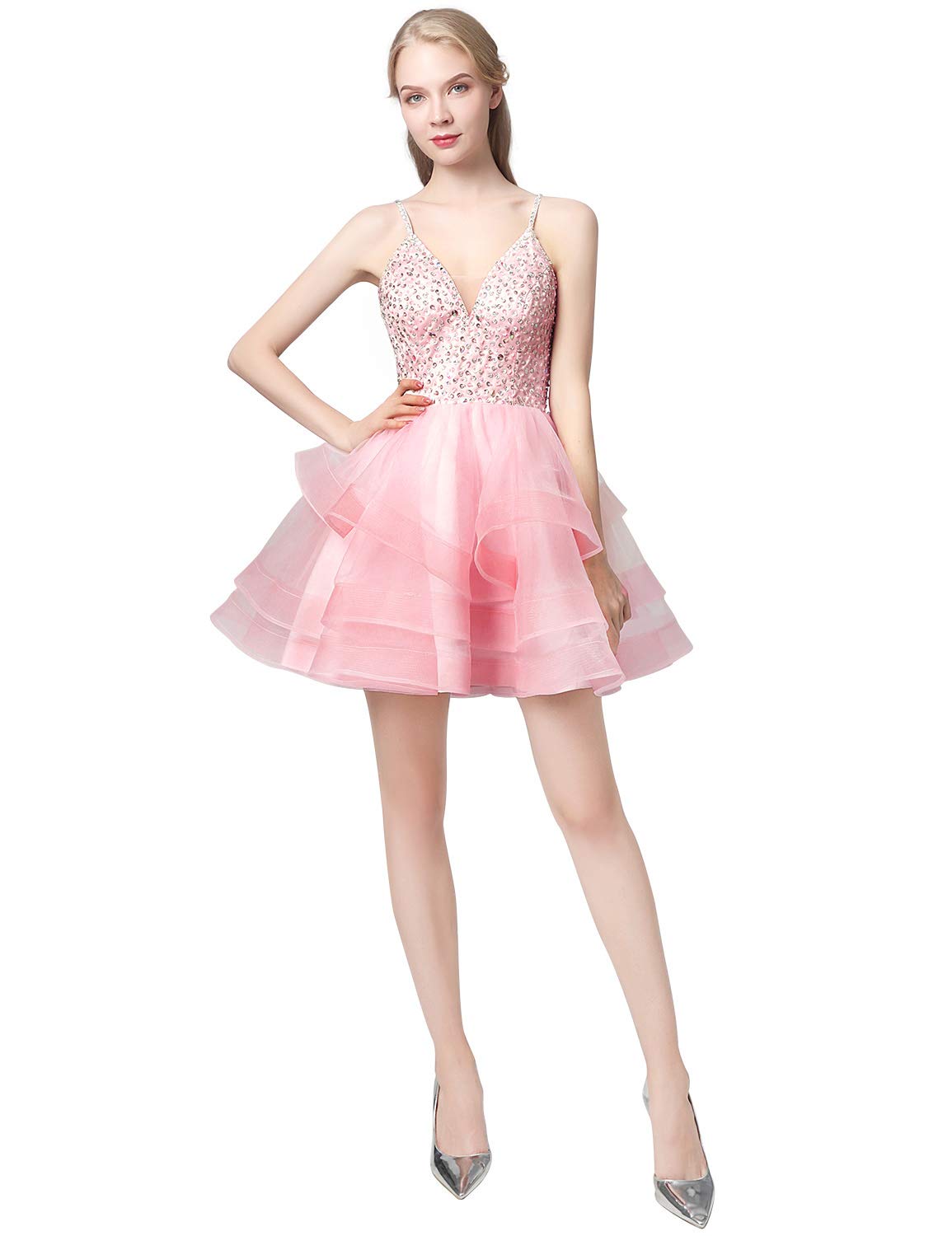 Adela Women's V-Neck Beaded Homecoming Dress with Sequins & Tulle - Short Prom Cocktail Party Gown AR121 in Light Pink | Perfect for Homecoming, Prom, Cocktail Parties & Special Occasions