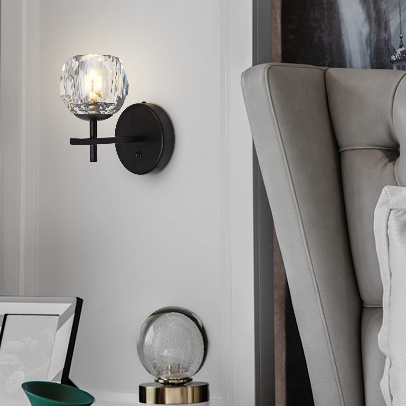 Modern Black Crystal Globe Wall Sconces - Set of 2 with Switch Button, Indoor Wall Mount Lighting Fixtures for Bedroom, Hallway & Living Room - Elegant Home Decor Lighting Solution