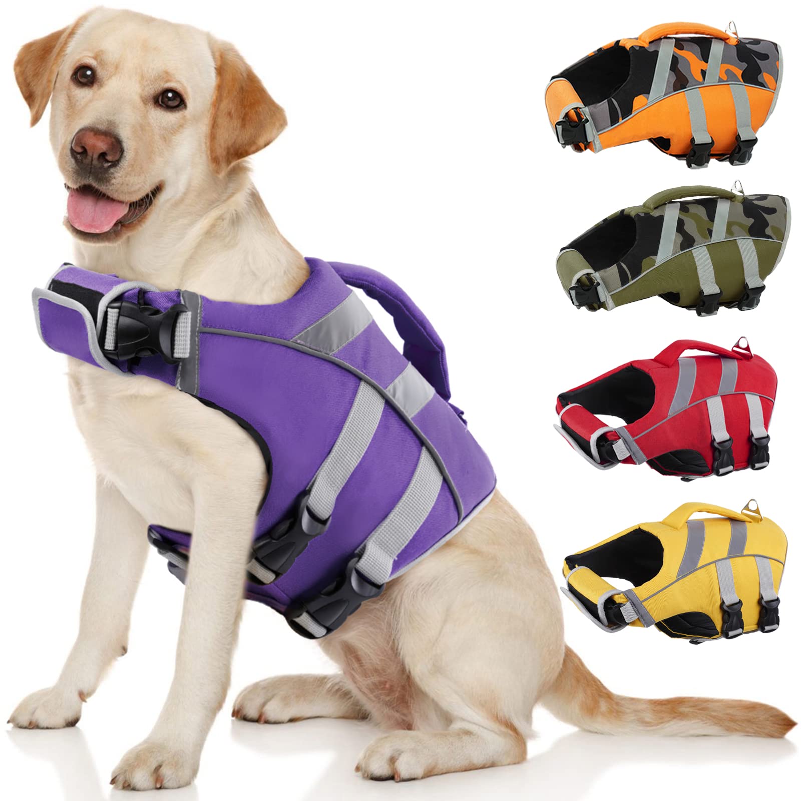 Kuoser Dog Life Jacket with Reflective Stripes & Adjustable Straps - High Visibility Ripstop Pet Life Vest for Small, Medium & Large Dogs - Perfect for Swimming, Boating & Water Safety