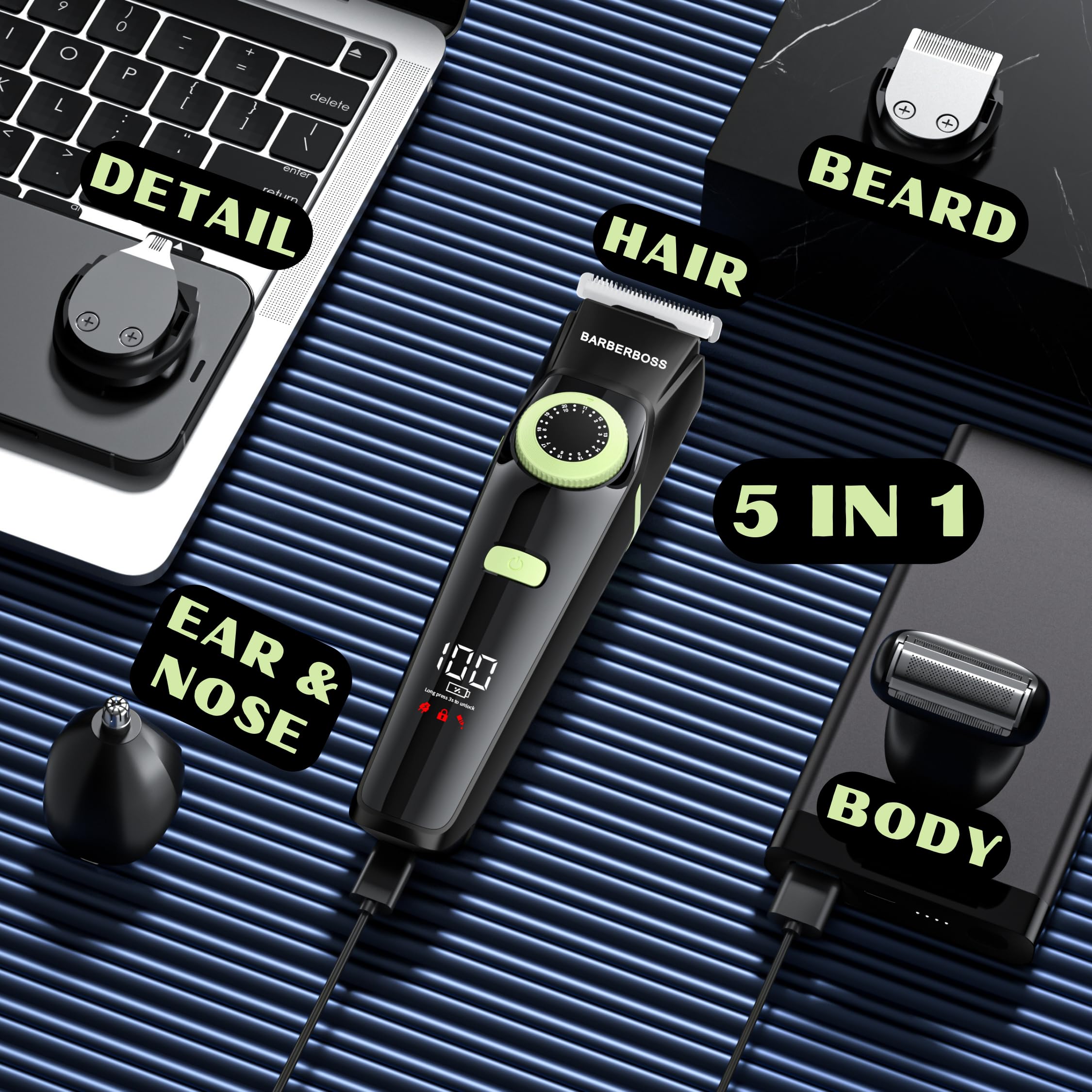 Professional BarberBoss Beard Trimmer for Men - Waterproof Hair Clipper & Nose Trimmer Set with Grooming Kit | Perfect for Home Beard Care, Travel Grooming & Salon-Quality Styling (Model QR-6090)