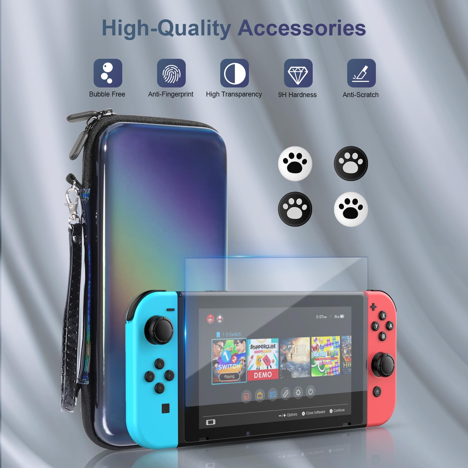 Belle&Birdie Protective Carrying Case for Nintendo Switch OLED - 10-in-1 Accessories Bundle with Waterproof Cover, Game Holder, Screen Protector, Thumb Grips & Strap | Portable Travel Protection for Gaming On-The-Go, Commuting & Outdoor Adventures