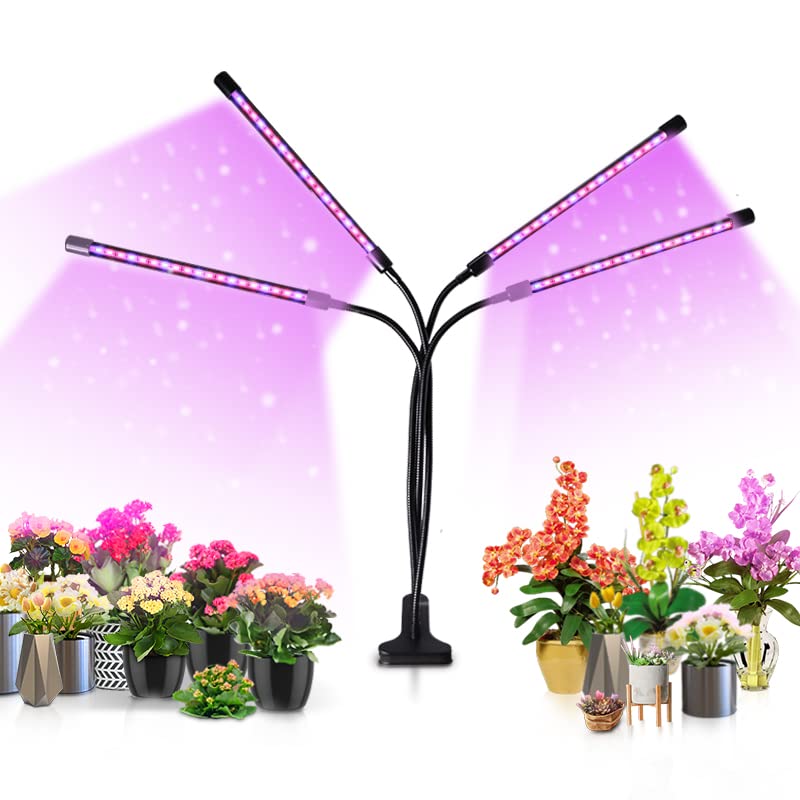 Full Spectrum LED Grow Lights for Indoor Plants - 4 Head Adjustable with Timer & 10 Dimmable Modes - Perfect for Seed Starting, Hydroponics, and Home Gardening