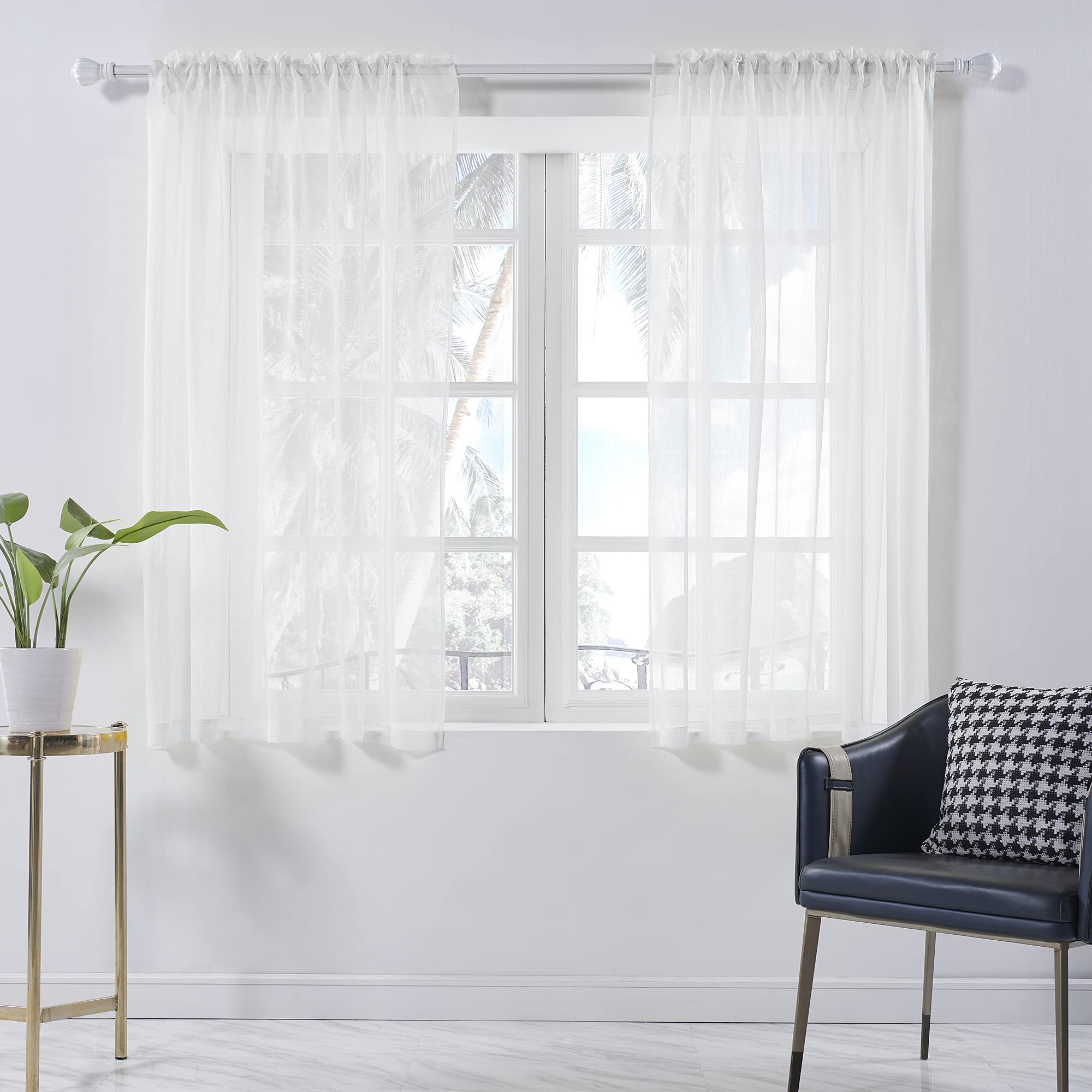 White Sheer Curtains 63 Inches Long - 2 Pack Semi-Transparent Rod Pocket Drapes (42Wx63L) for Kitchen, Bathroom, Bedroom & Living Room | Light Filtering Faux Linen Window Treatments for Privacy & Soft Natural Lighting