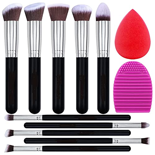 Premium Sloane 10-Piece Makeup Brush Set with Sponge Puff & Brush Cleaner - Soft Synthetic Bristles for Flawless Foundation, Blending & Contouring - Perfect for Professional Makeup Artists & Beginners (Black)