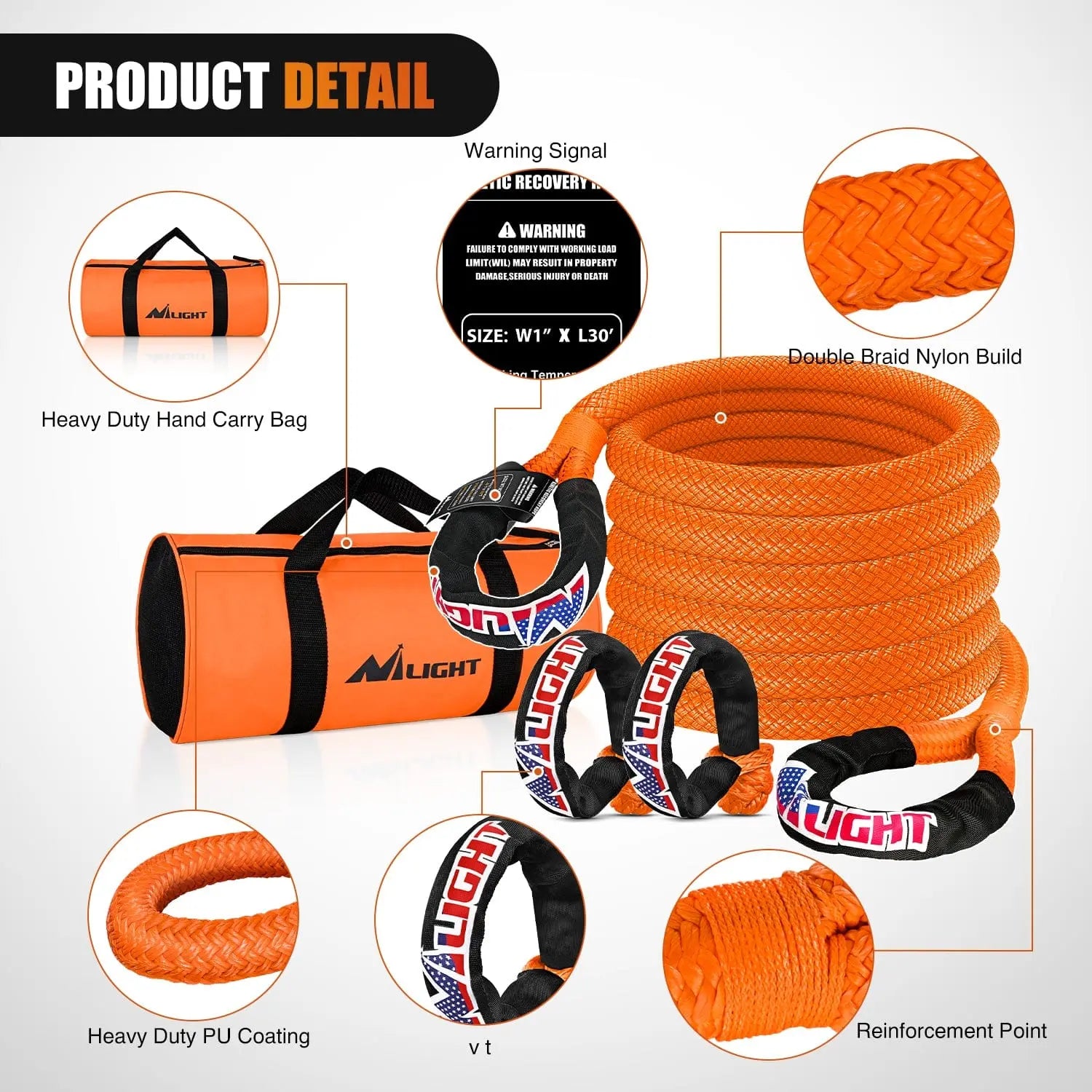 1In x 30FT Heavy Duty Kinetic Recovery Rope with 2PCS 1/2In x 24In Soft Shackles - Off-Road Vehicle Recovery, Towing, and Emergency Rescue Gear for Trucks, Jeeps, and SUVs