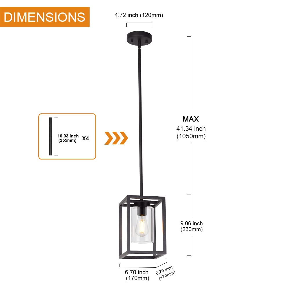 VINLUZ Black Cage Farmhouse Pendant Light with Glass Shade - Modern 1-Light Kitchen Island Chandelier for Dining Room, Living Room & Home Decor | Rustic Industrial Ceiling Hanging Fixture for Farmhouse, Loft & Contemporary Spaces