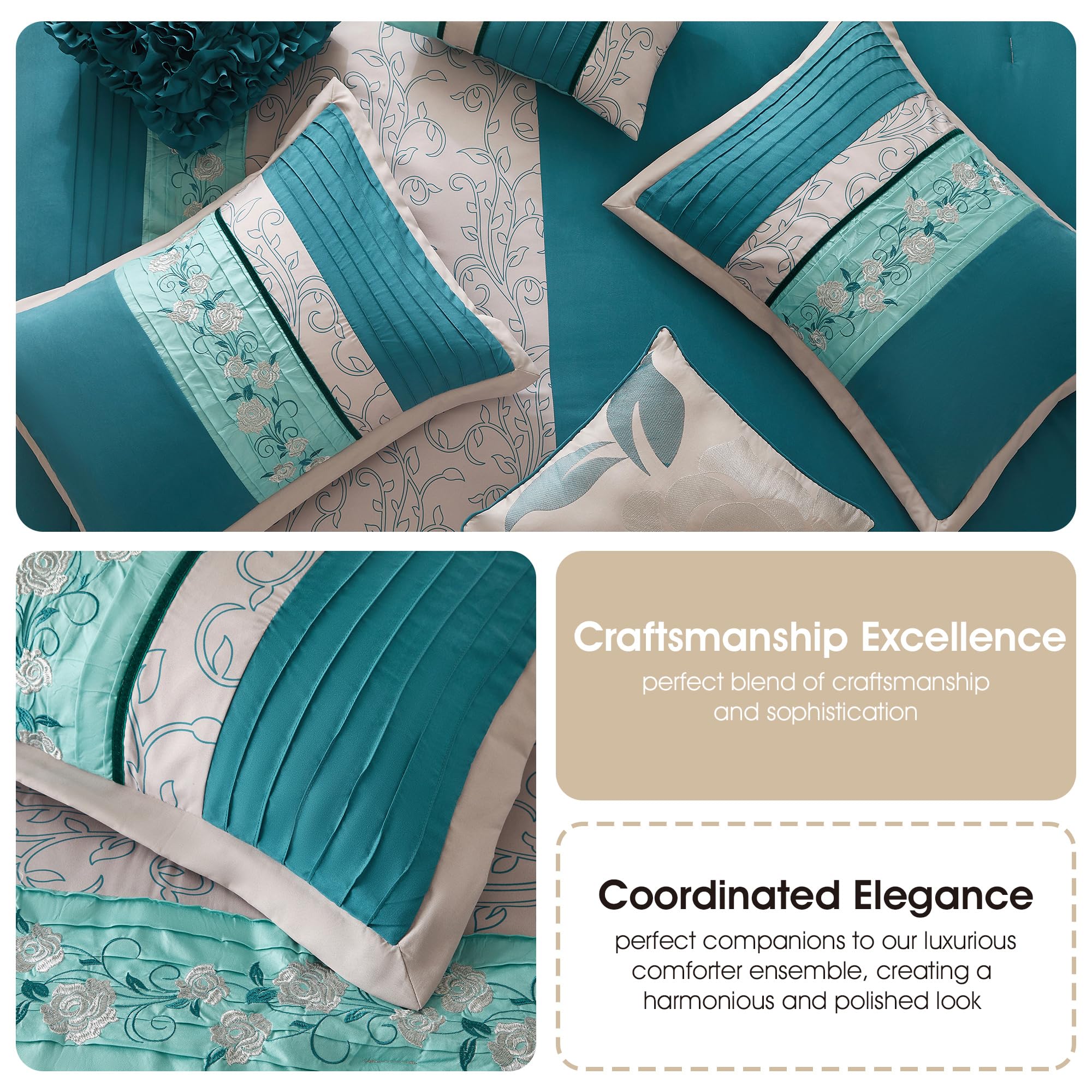Grand Avenue Teal and Grey 7-Piece Queen Comforter Set with Pillow Shams & Bedskirt | Floral Bedding Collection for Home Decor | Perfect for Master Bedroom, Guest Room & Cozy Retreats
