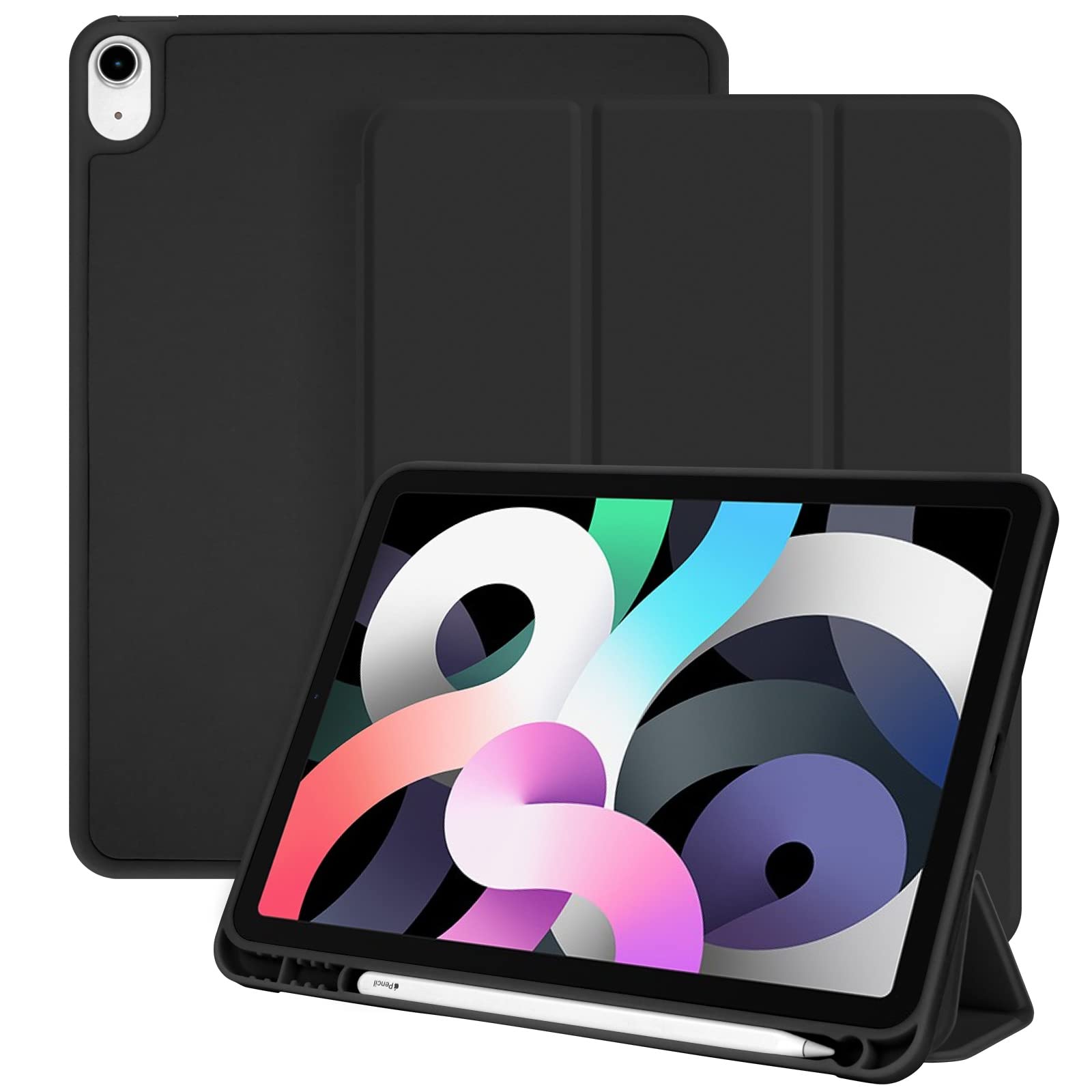 iPad Air 5th/4th Generation Case (2022/2020 Model) - 10.9 Inch Protective Cover with Auto Wake/Sleep, Pencil Holder & Slim Soft TPU Back - Smart Trifold Stand Case for Work, School & Travel (Black)