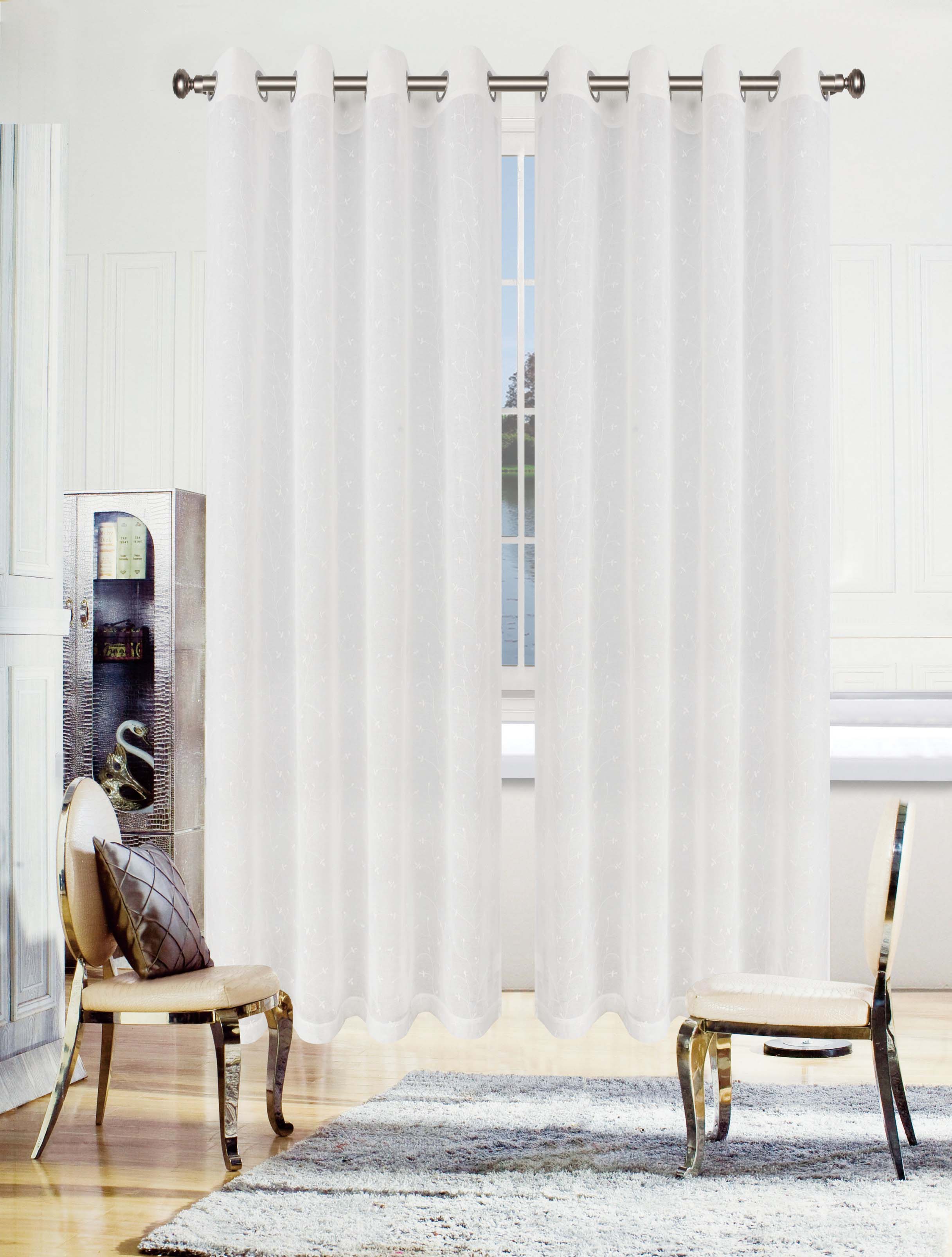 Embroidered Delicate Flower Sheer Grommet Curtain Panel Set - Elegant Window Treatment for Living Room & Bedroom