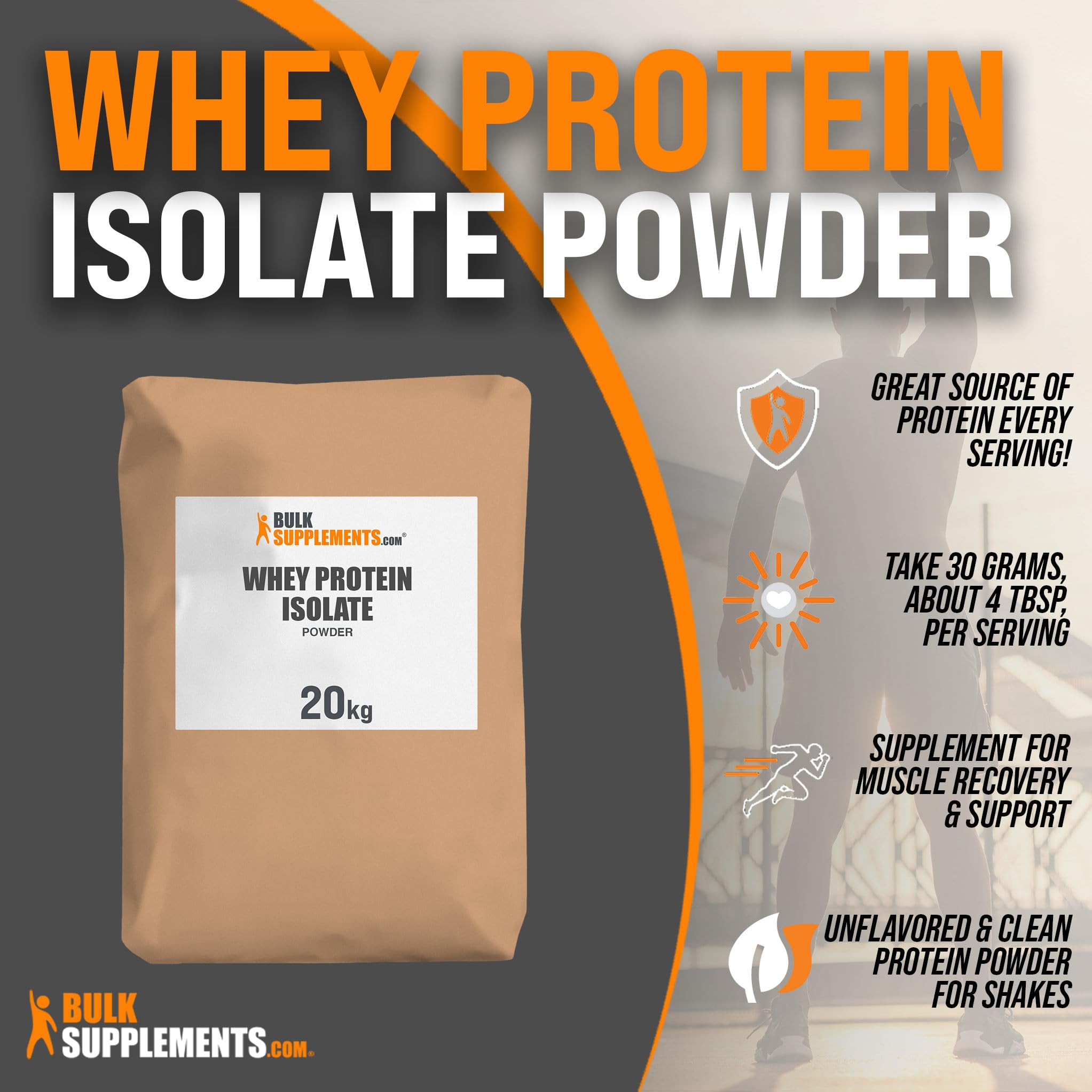 BulkSupplements.com Whey Protein Isolate Powder - Unflavored, Gluten Free, 30g Protein per Serving, 20kg (44 lbs) - Perfect for Post-Workout Recovery, Muscle Building & Baking Recipes
