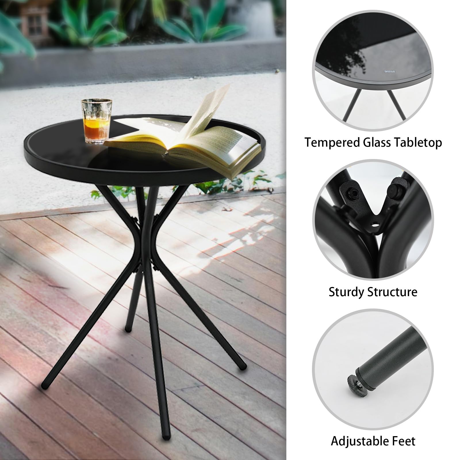 Compact Black Metal Outdoor Patio Side Table with Tempered Glass Top - Weather Resistant Round Bistro Table for Garden, Balcony & Poolside Use