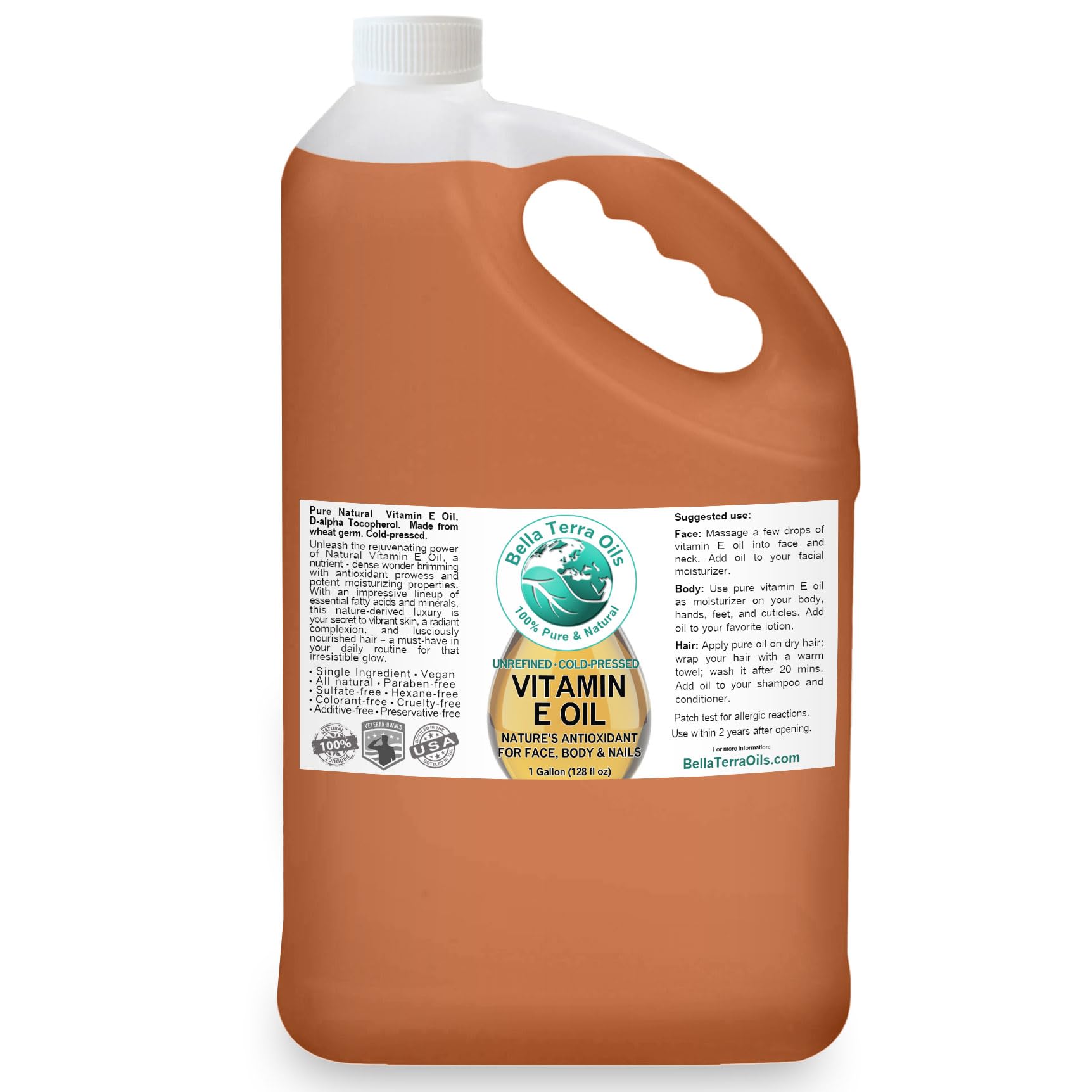 Pure Vitamin E Oil for Skin & Hair - Bella Terra All Natural d-Alpha Tocopherol (1 Gallon, Wheat Germ Derived) | Face Moisturizer, Hair Growth Treatment, Scar Reduction & Anti-Aging Solution
