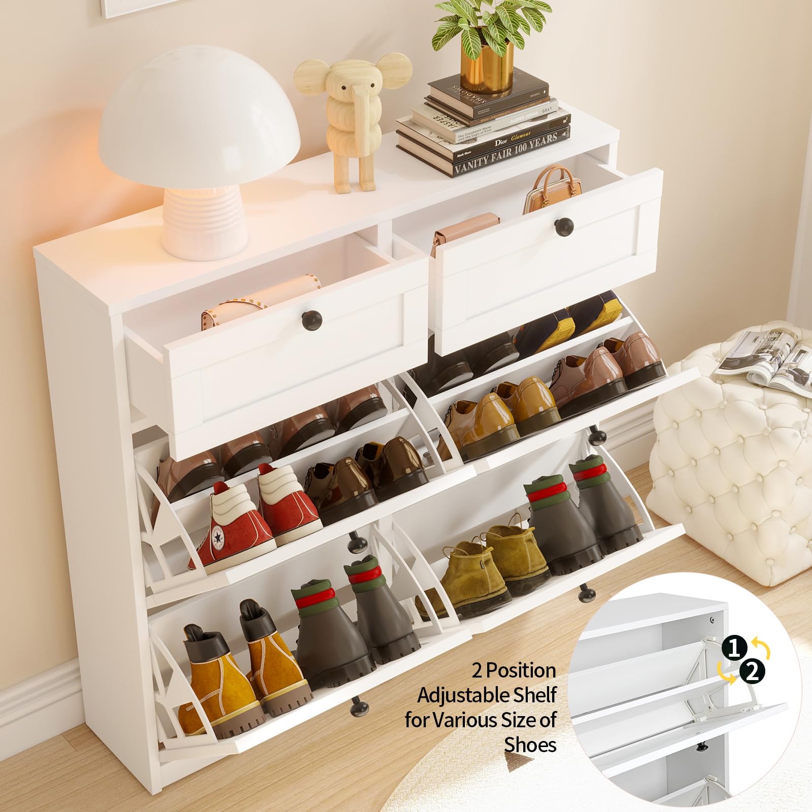 VOWNER 4 Flip Drawers & 2 Drawers Shoe Storage Cabinet - Adjustable Shelves Freestanding Shoe Organizer for Entryway, Hallway, Living Room - Perfect for Small Spaces & Apartment Organization (White)