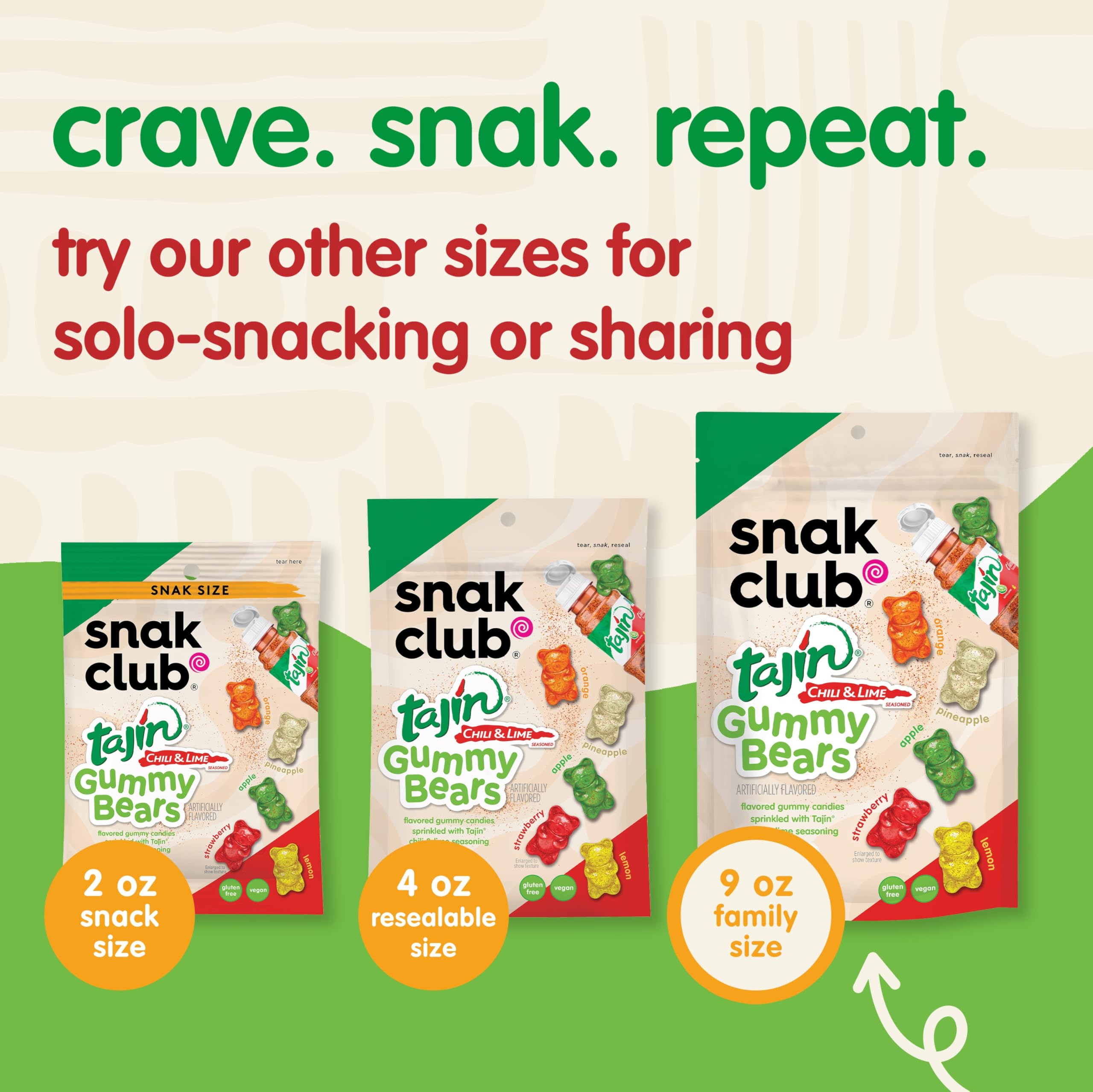 Snak Club Tajin Gummy Bears - Spicy Chili Lime Flavored Assorted Fruit Candy | Gluten-Free, Vegan Gummy Snacks | 9oz Resealable Bag | Perfect for Movie Nights, Road Trips & Office Treats