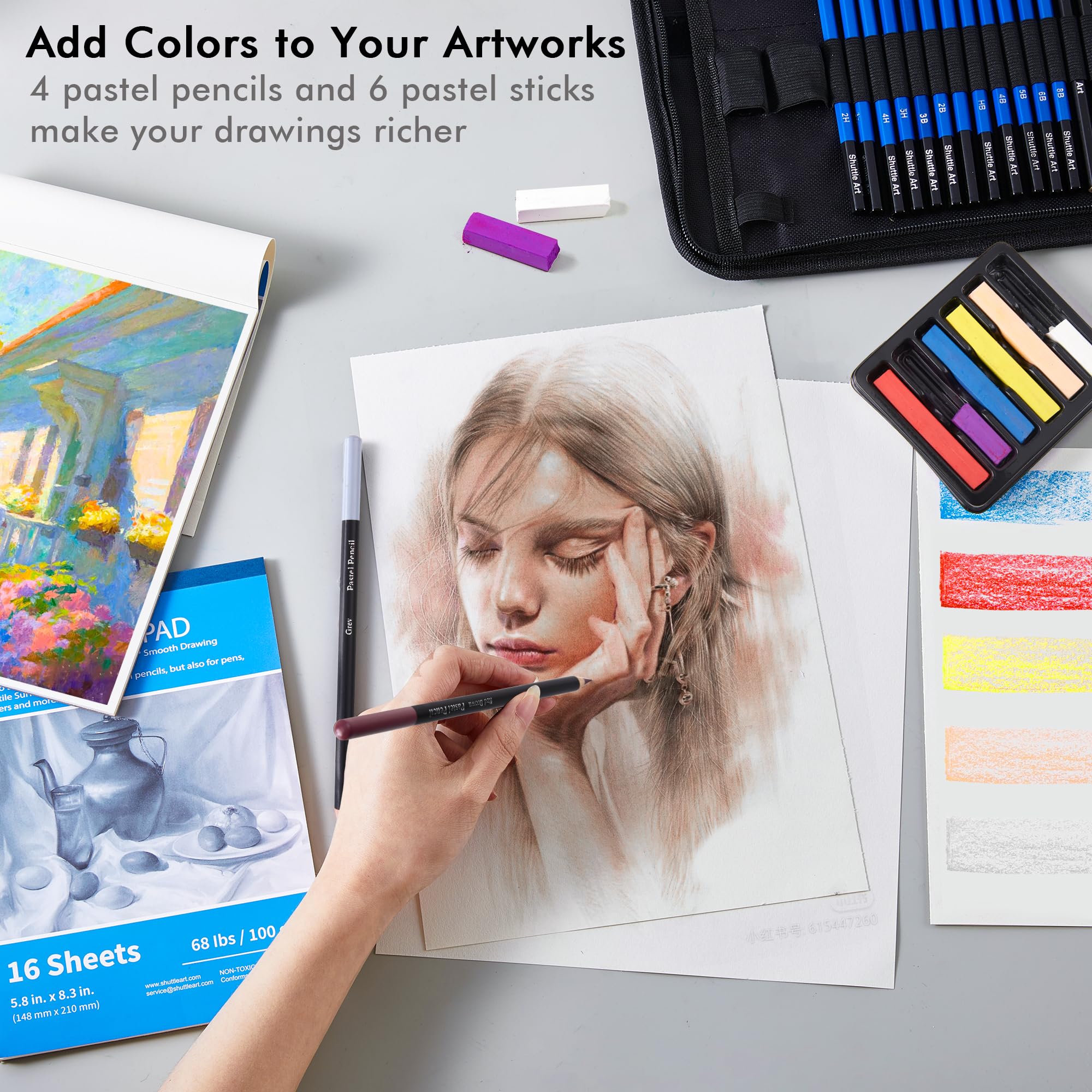 Shuttle Art 52 Pack Professional Drawing Pencils Set - Graphite & Charcoal Sticks with Sketch Pad in Portable Case - Perfect for Artists, Students & Adults - Ideal for Sketching, Shading & Art Projects