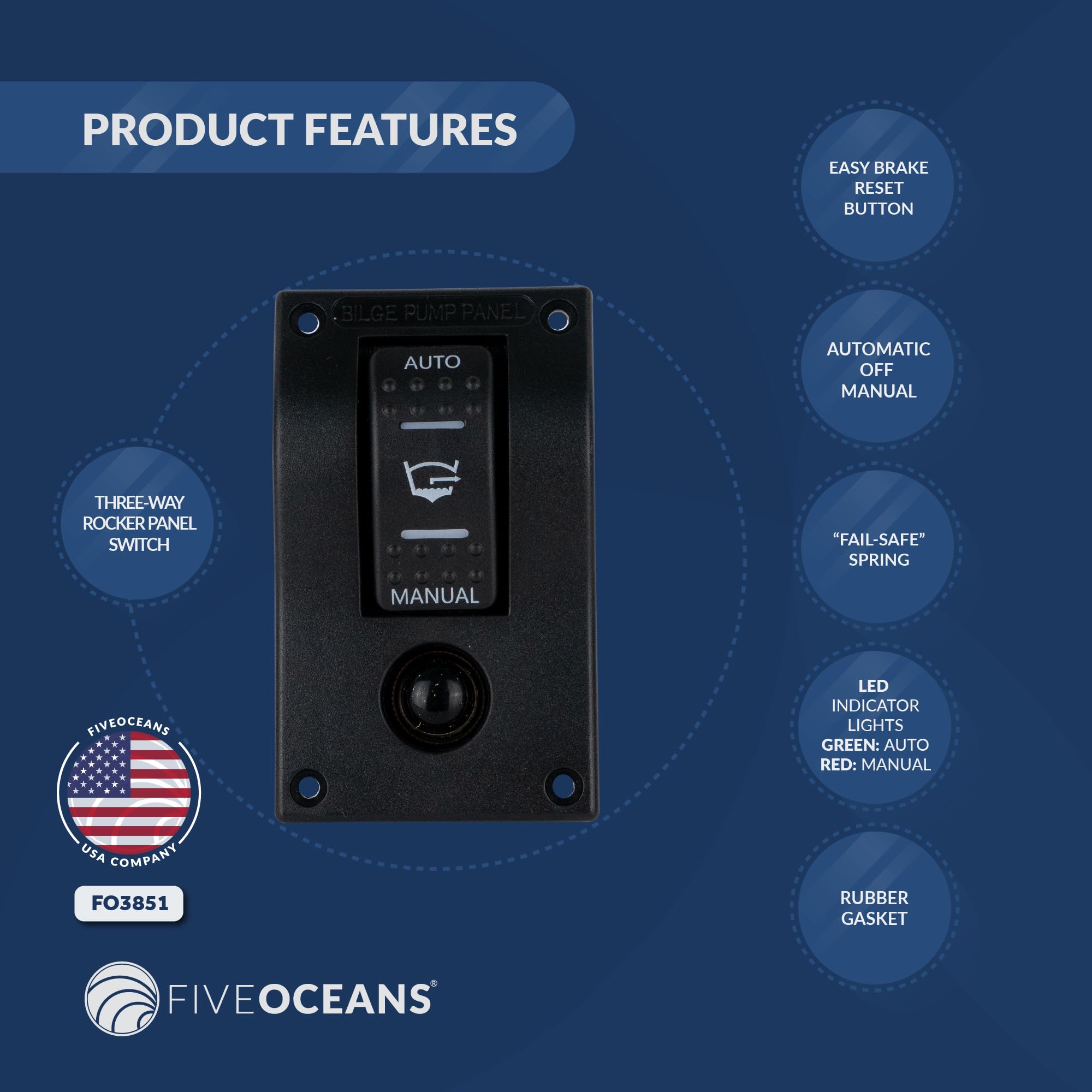 Five Oceans 3-Way Rocker Bilge Pump Switch 12V with LED Light Indicator & Circuit Breaker - FO3851 | Manual/Automatic Bilge Pump Control Panel Switch for Boats, Yachts & Marine Applications