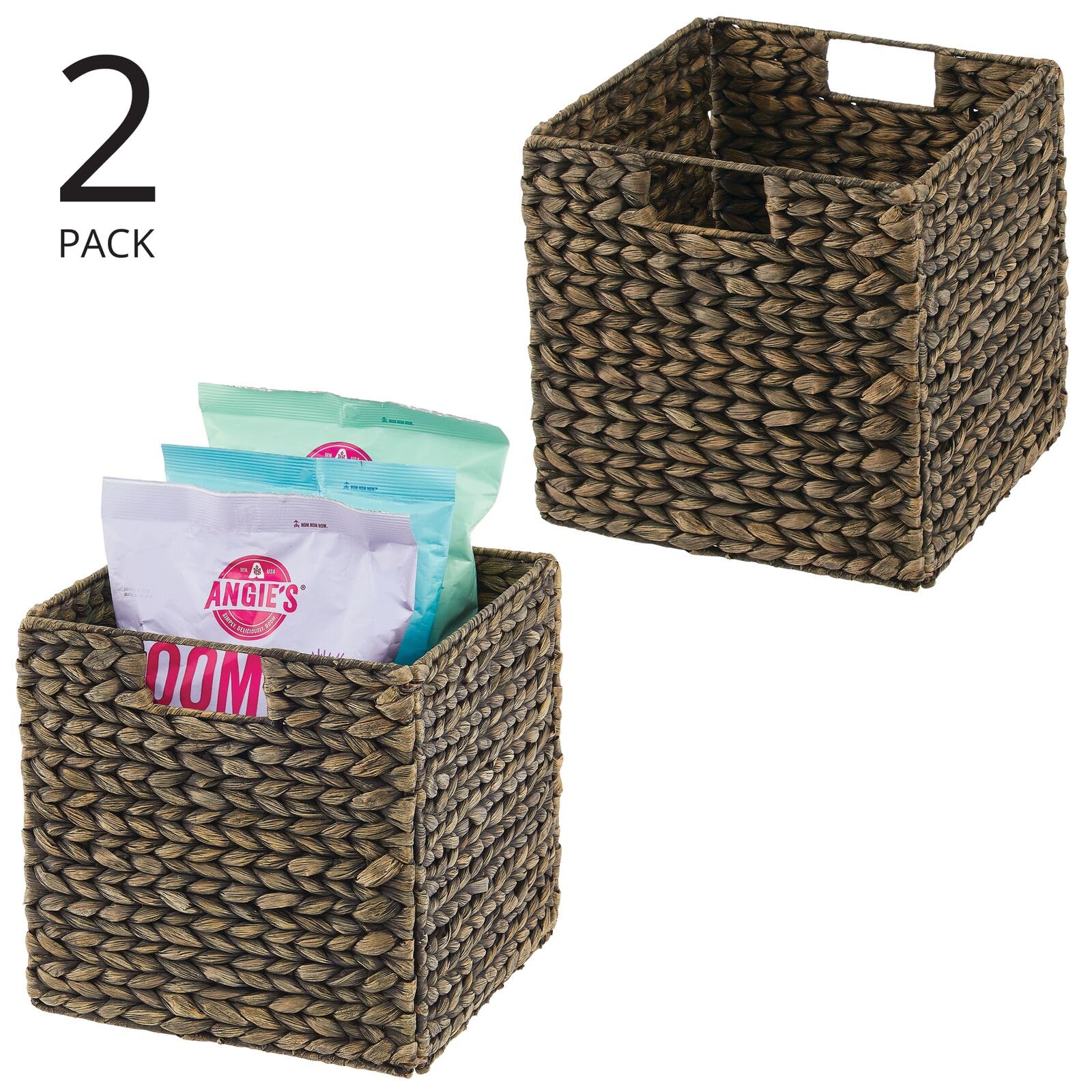 mDesign Natural Woven Hyacinth Storage Baskets with Handles - 2 Pack Black Wash Organizer Cubes for Kitchen Cabinets, Pantry Shelves & Cubby Units | Perfect for Snacks, Small Appliances & Home Organization