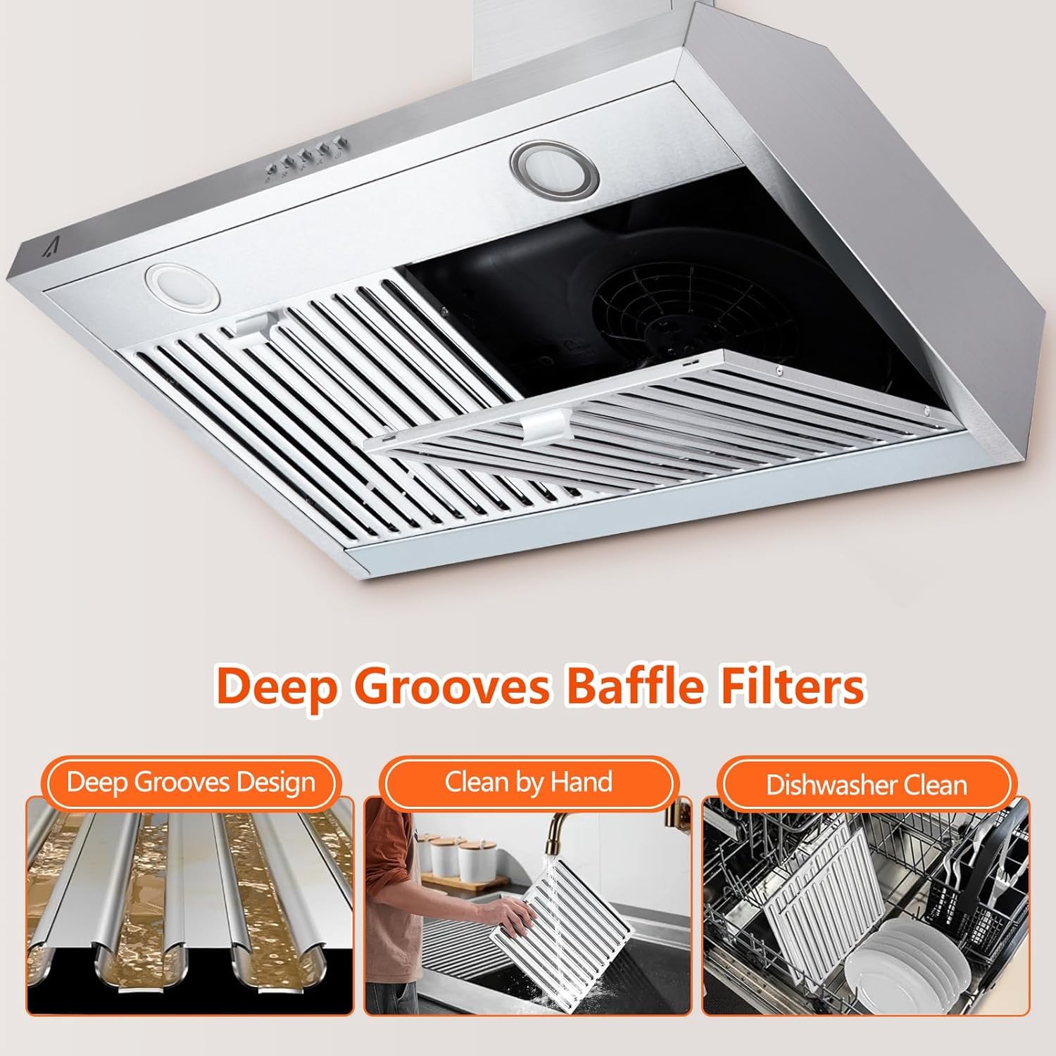30 Inch Stainless Steel Under Cabinet Range Hood - 300CFM 3-Speed Exhaust Fan with LED Lights & Reusable Baffle Filters - Perfect for Kitchen Ventilation & Smoke Removal