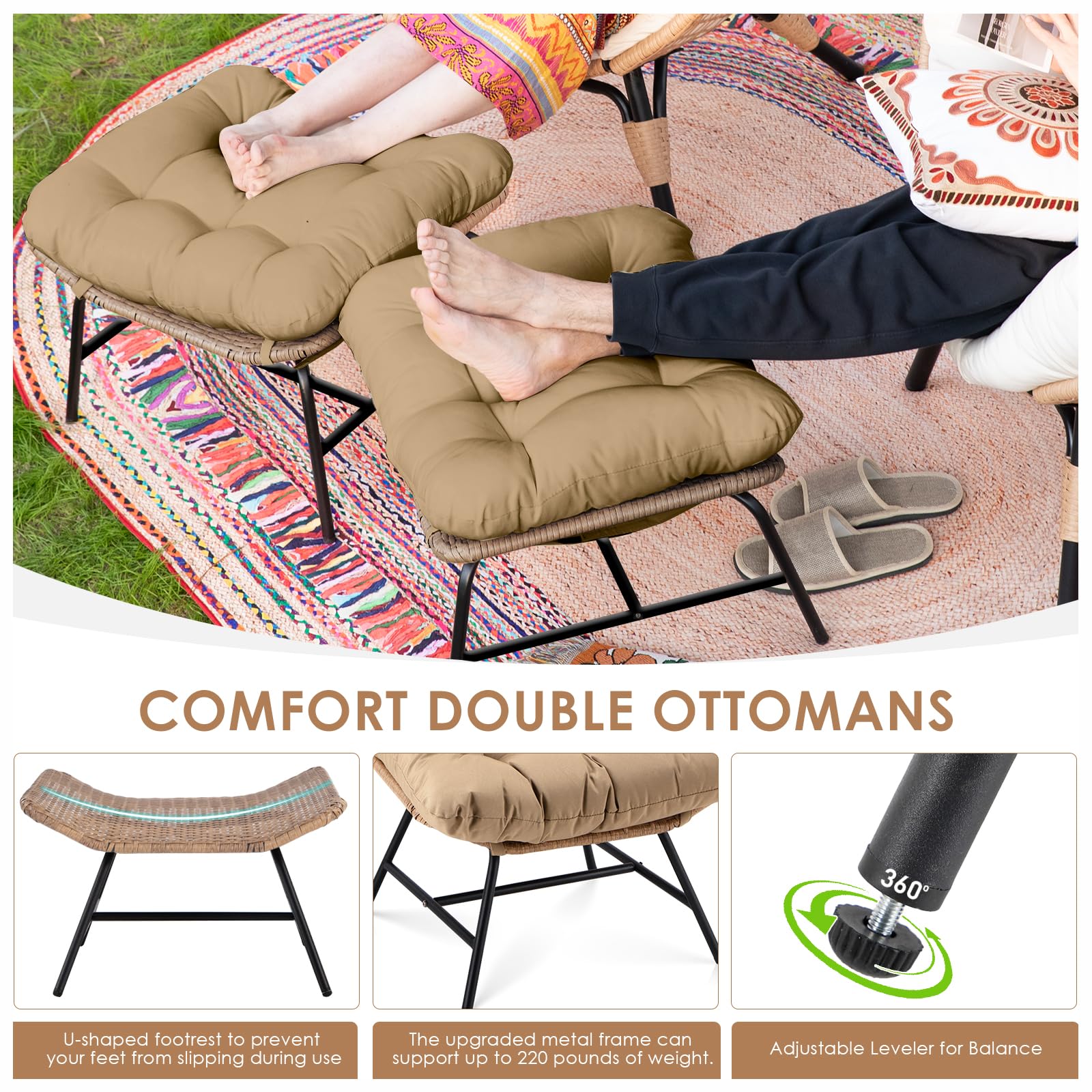 2-Piece PE Rattan U-Shaped Ottomans with 3.9