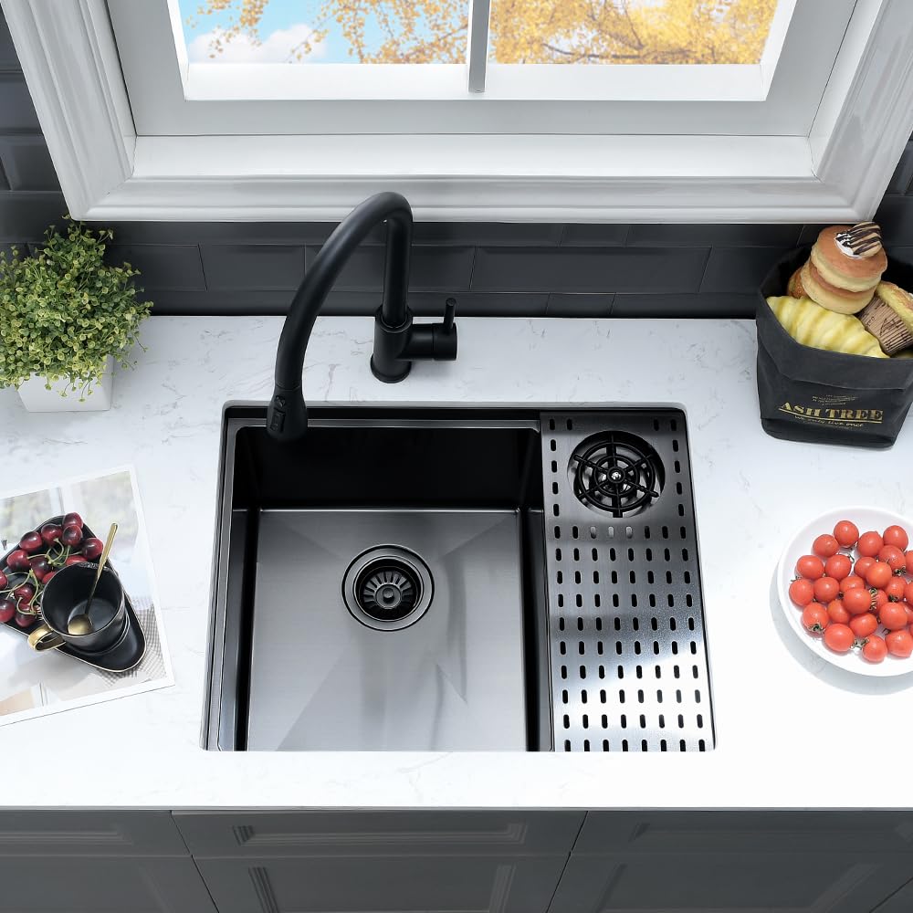 24 Inch Black Undermount Kitchen Sink with Glass Rinser - 16 Gauge Deep Single Bowl Stainless Steel Sink for Wet Bar & Workstation | VASOYO 24x19 Inch | Perfect for Modern Kitchens, Bars & Commercial Use