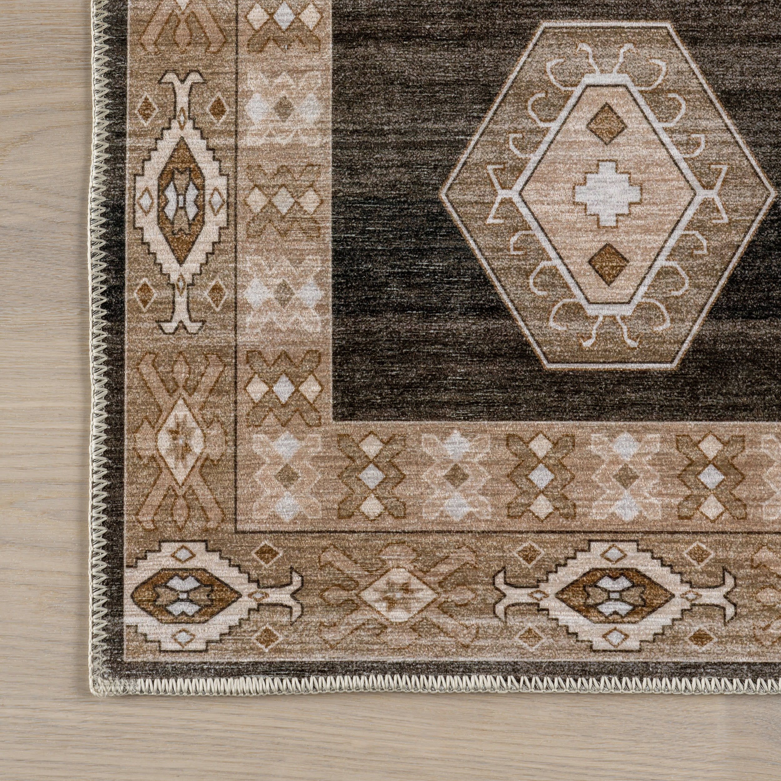 Dark Brown Taro Medallion Spill Proof Washable Rug - Non-Slip Kitchen & Living Room Floor Mat for Home Decor