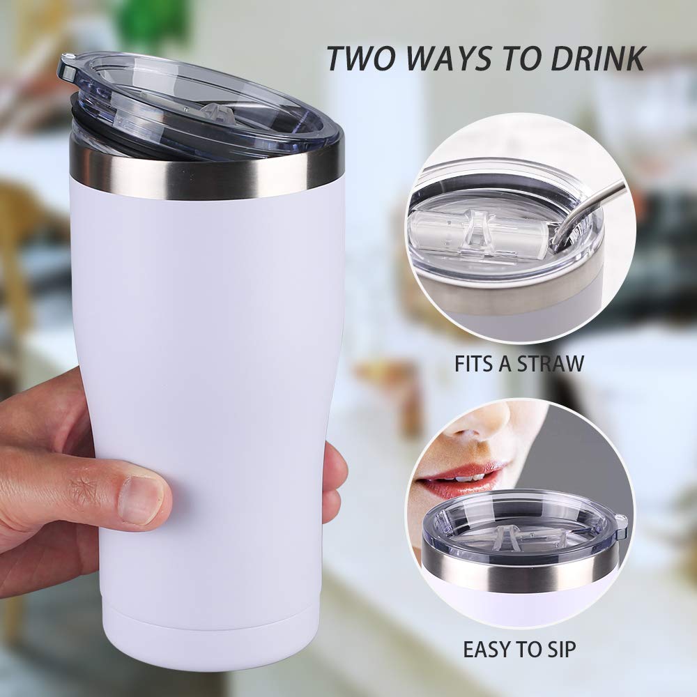 20 oz Stainless Steel Tumbler with Lid - Double Wall Vacuum Insulated Travel Mug for Hot & Cold Drinks - Durable Leakproof Coffee Cup for Home, Office, Gym, Camping & Outdoor Activities - Keeps Beverages Hot/Cold for 12+ Hours - Perfect for Coffee, Tea, Smoothies & Iced Drinks (White, 4 Pack)