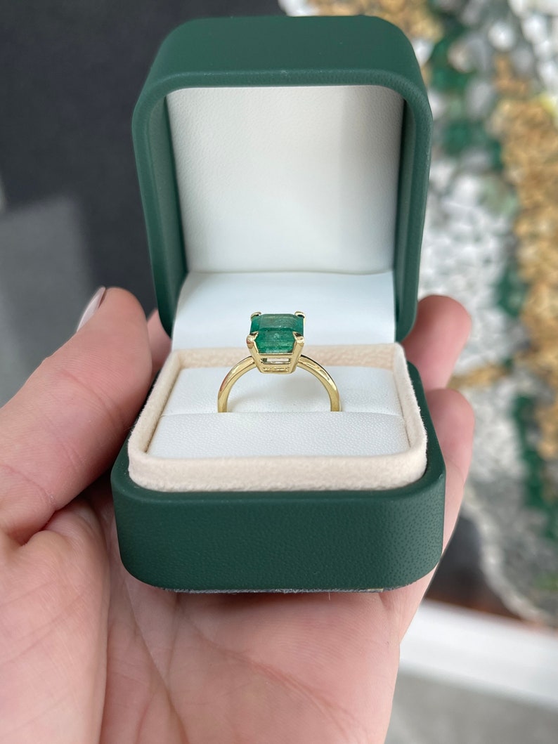 4.10ct 18K Yellow Gold Natural Emerald Cut Solitaire Engagement Ring - Four Prong Half Bezel Setting for Wedding, Proposal & Anniversary Gifts