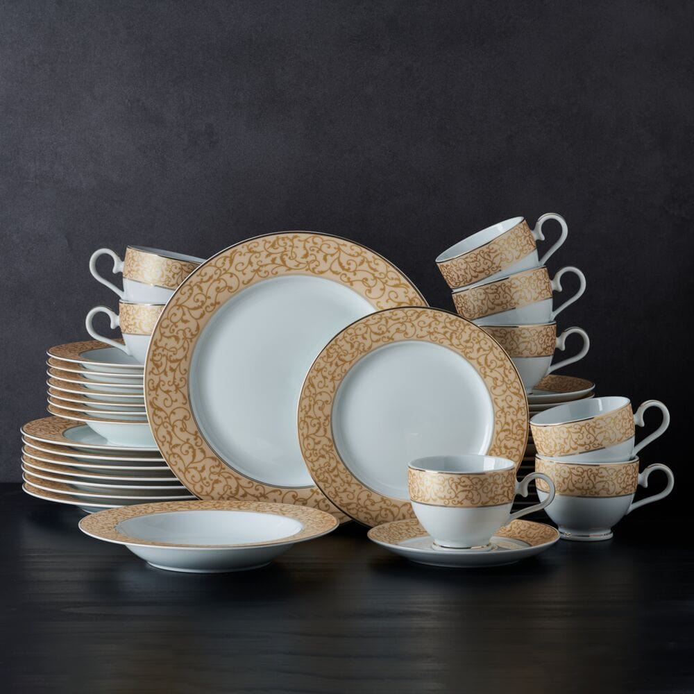 Luxury 40-Piece Gold Dinnerware Set for 8 - Elegant Parchment Color Fine China for Formal Dining, Wedding Registry & Special Occasions