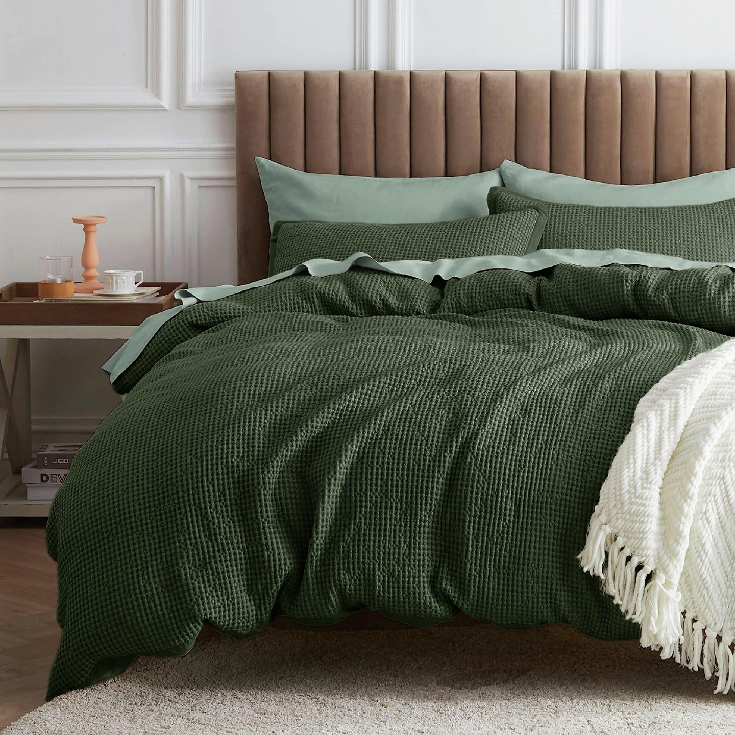 Bedsure Queen Size Waffle Comforter Set - 3 Piece Olive Green Soft Cotton Bedding with Waffle Weave Design | Includes 1 Comforter (90