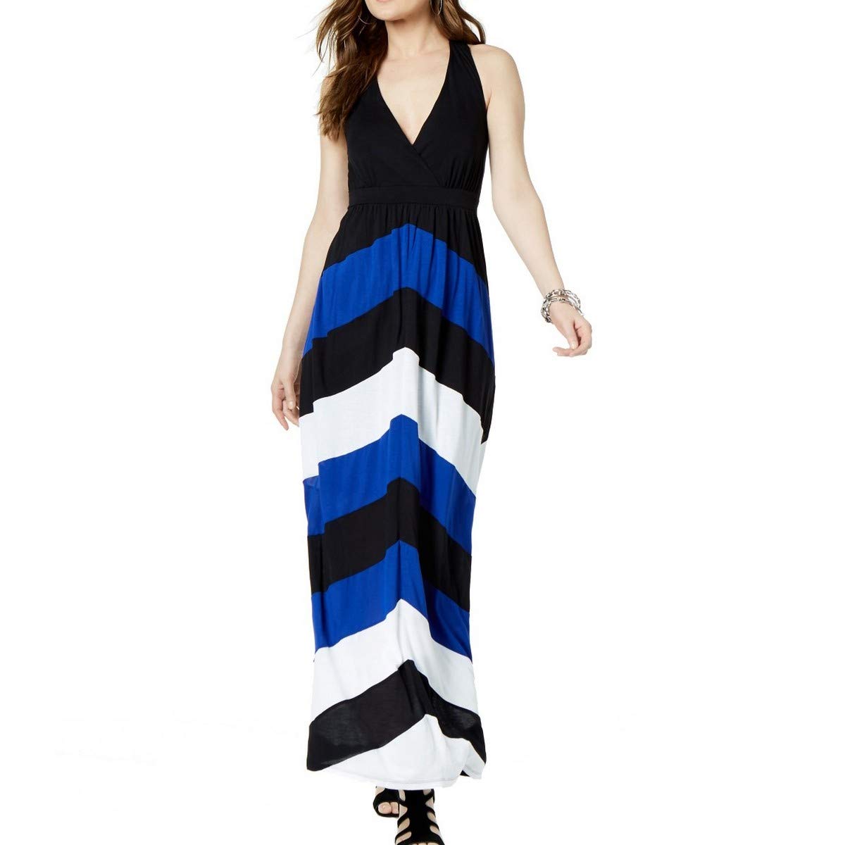 INC Women's Chevron Racerback V-Neck Maxi Dress - Flowy Summer Beach Dress for Vacation, Wedding Guest & Casual Outings