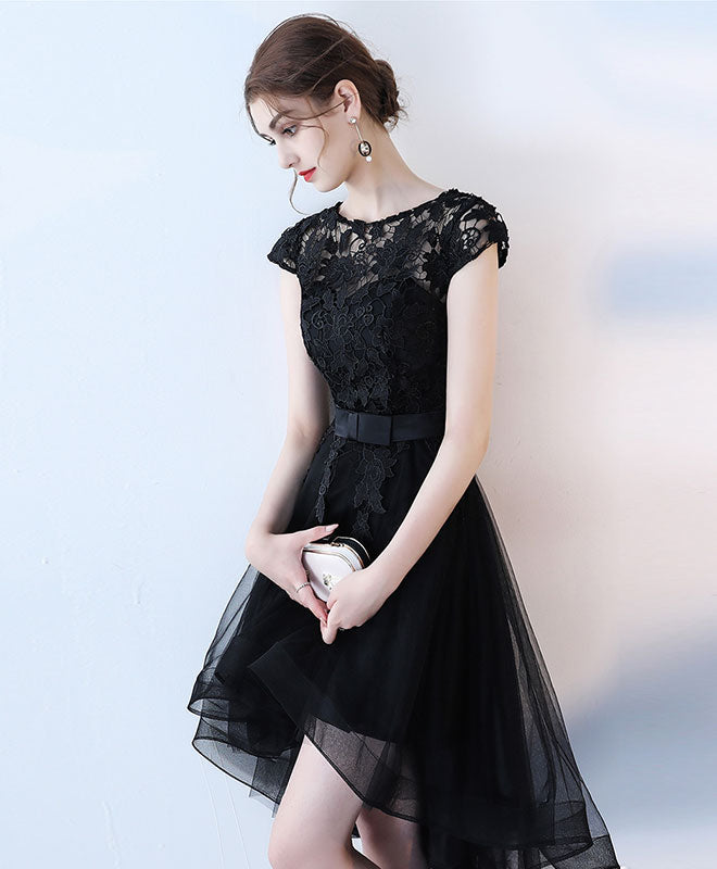 Elegant Black Lace Short Prom Dress with High Low Hem - Perfect for Homecoming, Evening Parties & Special Occasions