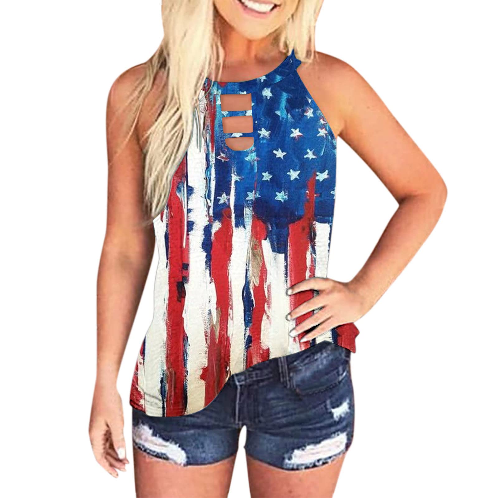 American Flag Print Women's Tank Top - Sleeveless Summer Shirt for Casual Wear, Independence Day Outfit, Beach Party & BBQ