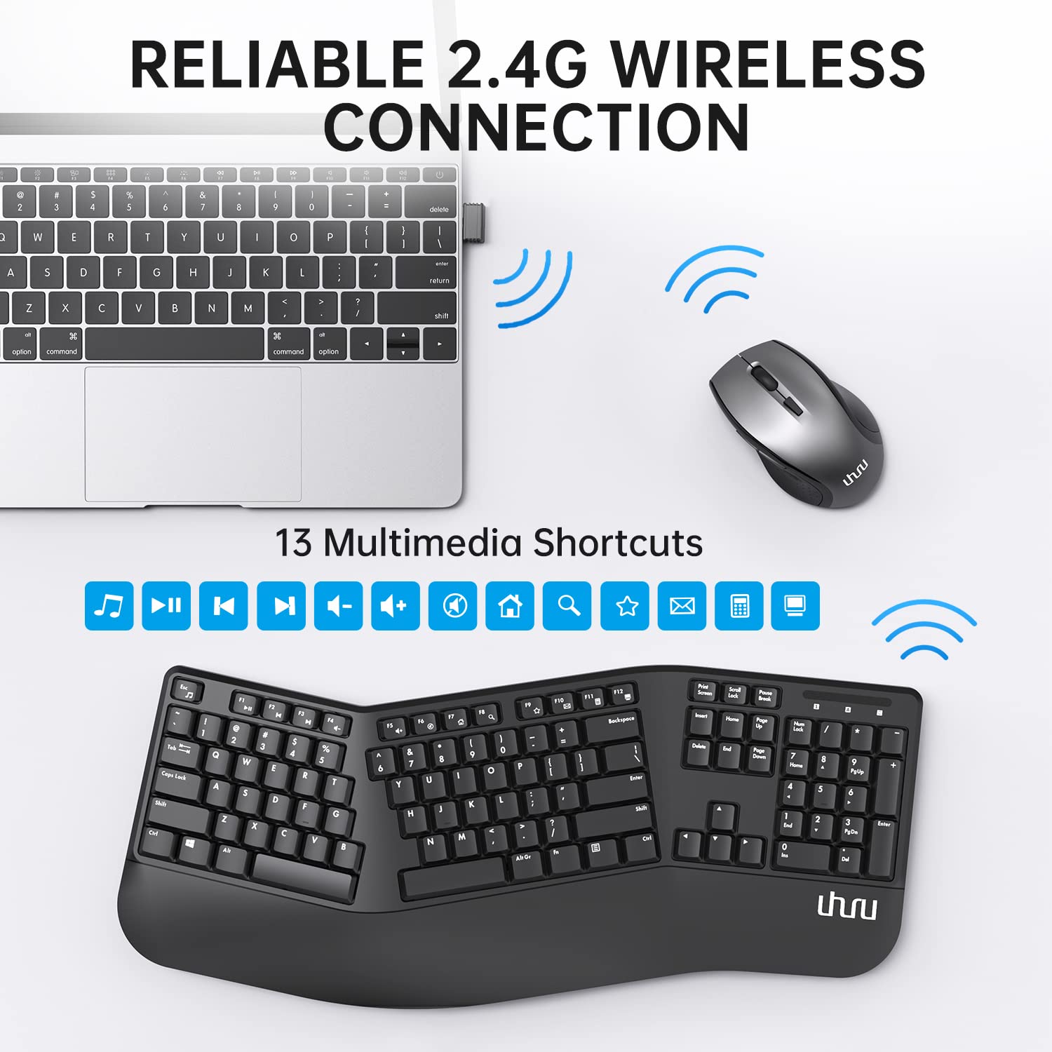 UHURU UEKM-20 Wireless Ergonomic Keyboard and Mouse Combo - Split Design with Palm Rest for Natural Typing, Compatible with Windows & Mac - Perfect for Office Work, Gaming, and Long Typing Sessions