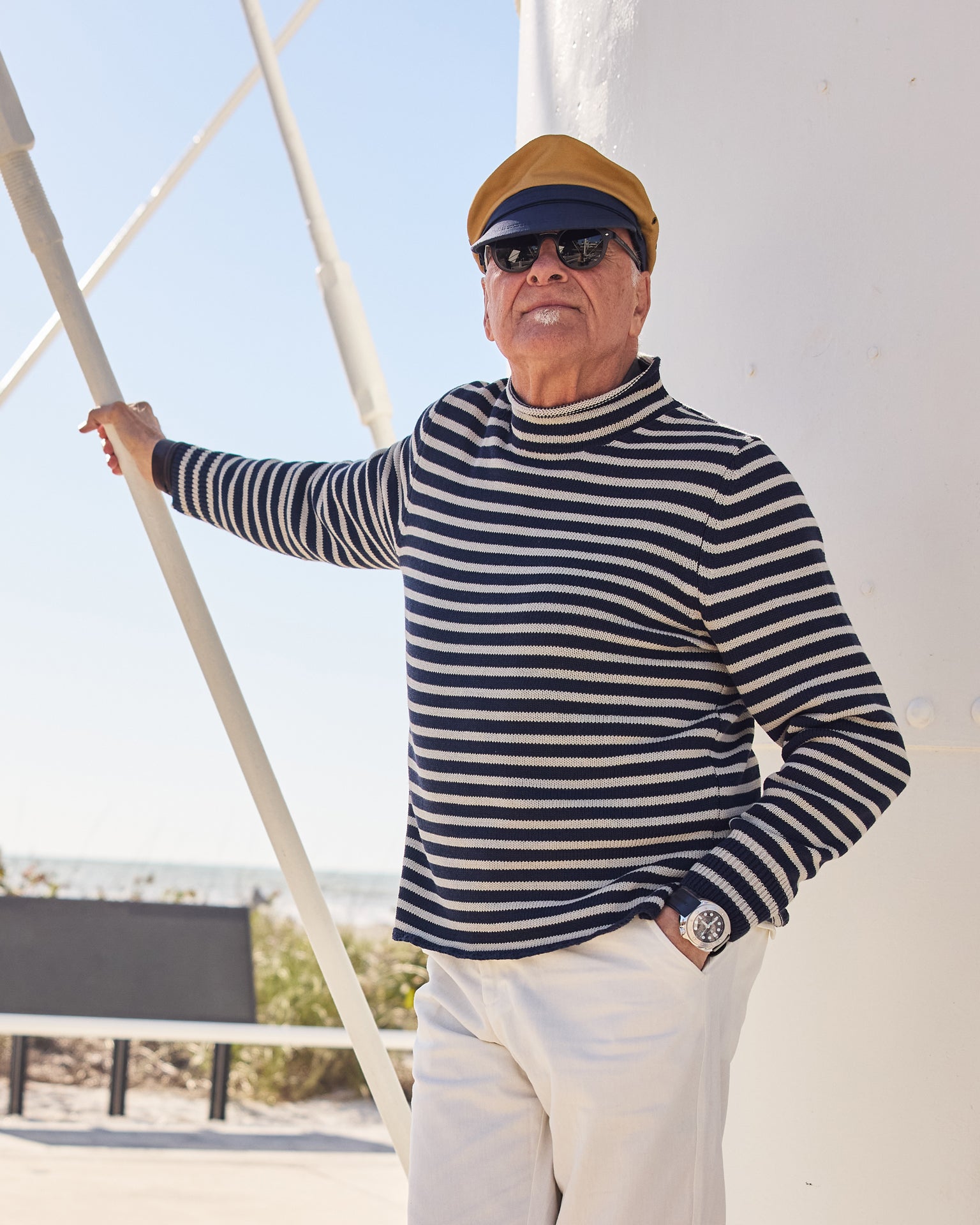 Premium Cotton Linen Blend Fisherman's Sweater - Navy & Grey Striped Pullover for Men | Cozy Casual Wear for Fall, Winter & Outdoor Activities