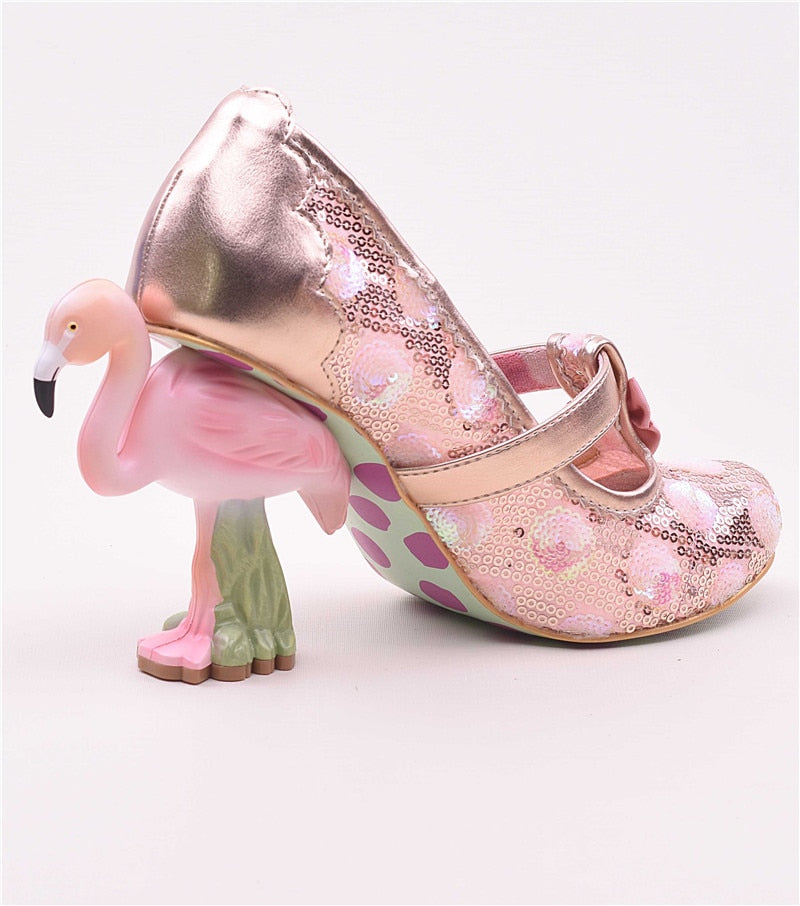Flamingo High Heel Pumps for Women - Pink Wedding Shoes with Round Toe, Slim Fit & Shallow Flower Print - Sparkly Sequins Bridal Shoes - Perfect for Weddings, Parties & Special Occasions