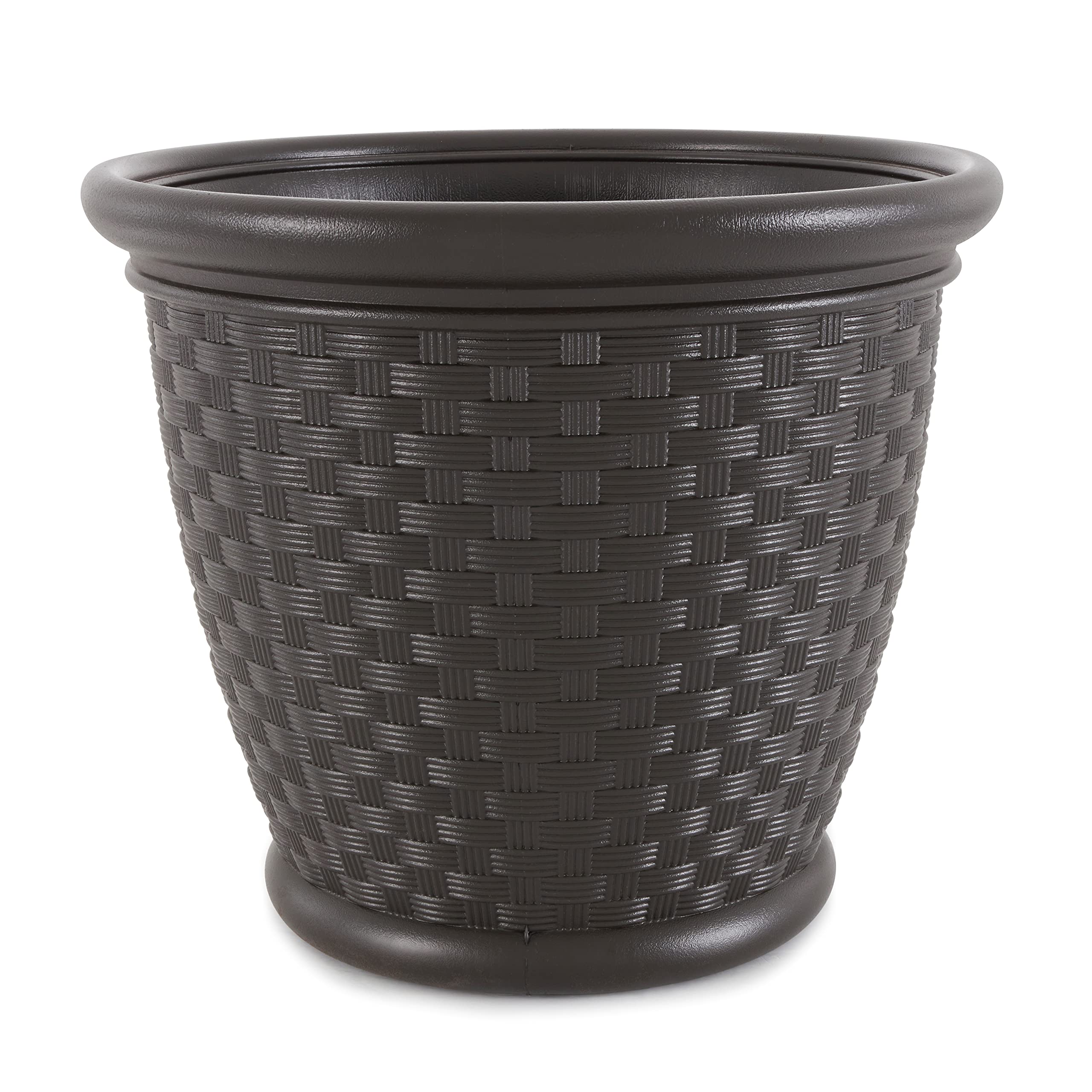 Suncast Sonora 18 Inch Brown Plastic Wicker Decorative Garden Flower Planter Pots - 4 Pack for Indoor Outdoor Use in Backyard, Patio, Balcony & Home Decor
