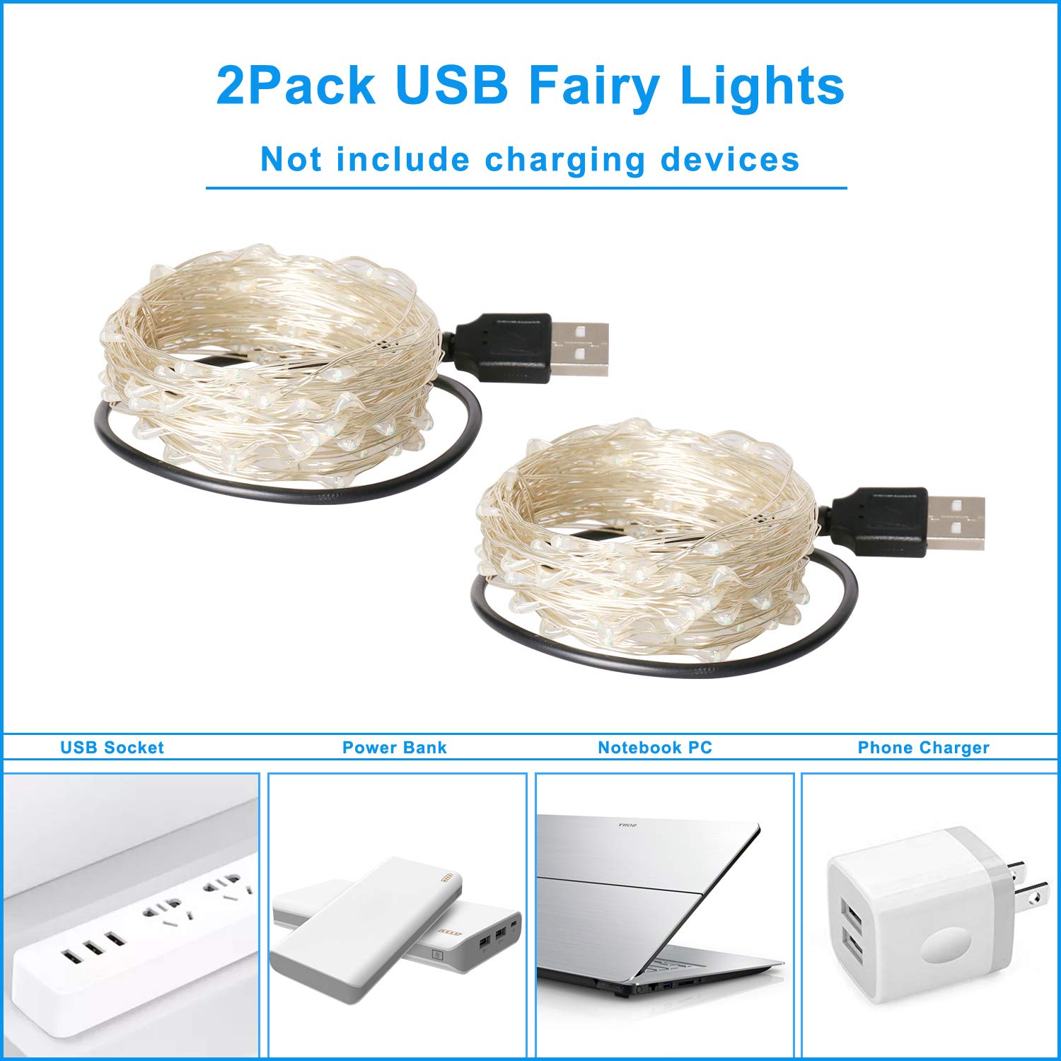 Blingstar 2 Pack 33Ft 100 LED USB Fairy Lights - Flexible Silver Wire Mini String Lights for Christmas Tree, Halloween, Bedroom, Dorm & Party Decorations (Blue) | Perfect for Indoor Holiday Decor, Wedding Centerpieces & Cozy Ambiance Lighting