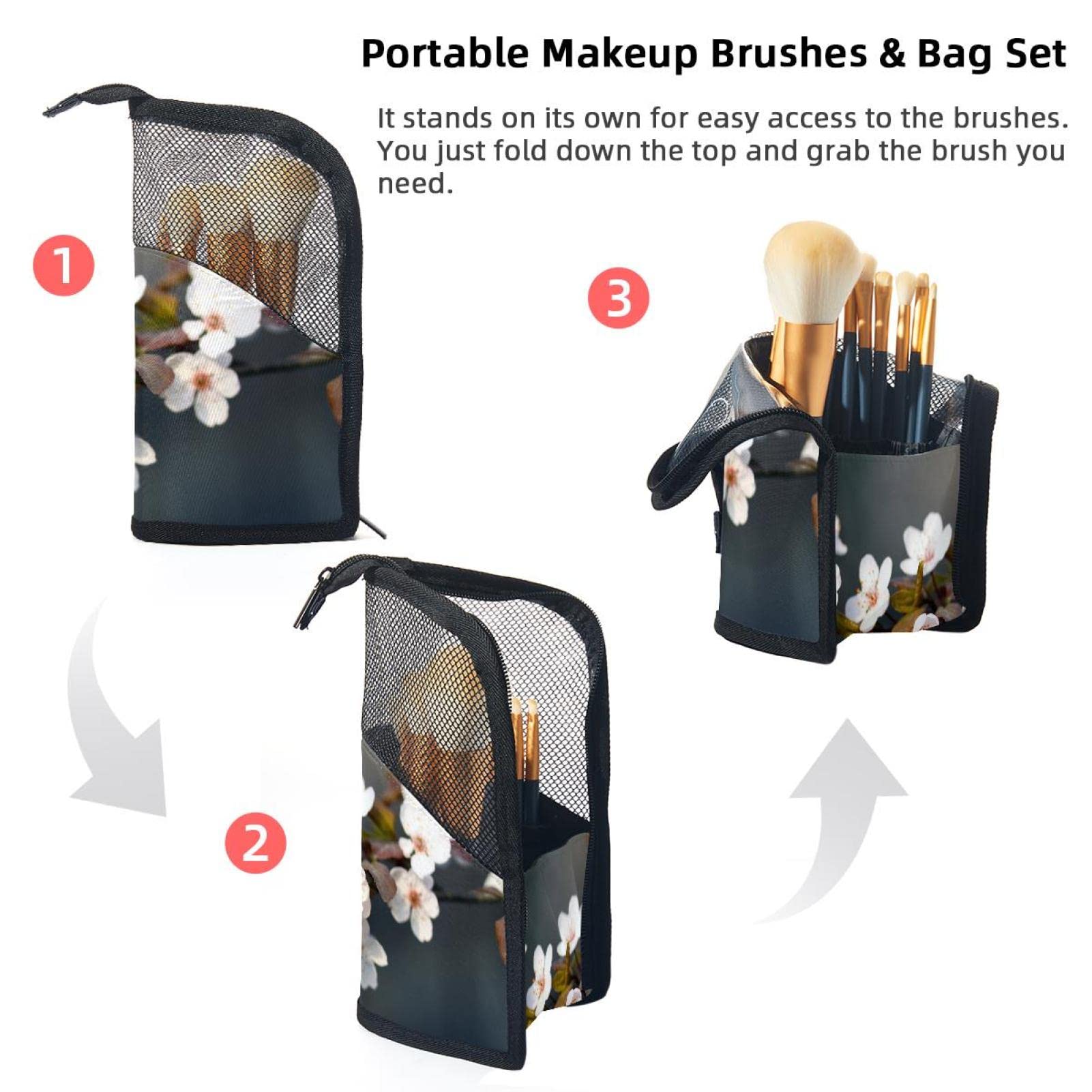 12-Piece Makeup Brush Organizer Bag with Portable Holder Case - Tree Blossom White Flower Design for Travel & Home Storage | Makeup Brush Storage Solution for Artists & Beauty Enthusiasts
