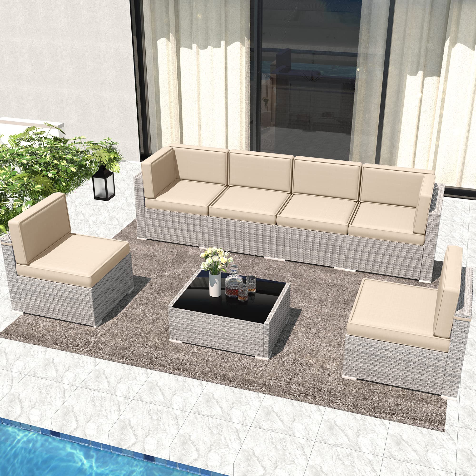 LayinSun 7-Piece Patio Furniture Set, Outdoor Wicker Sectional Sofa with Coffee Table - Perfect for Backyard, Garden, Poolside & Porch Relaxation