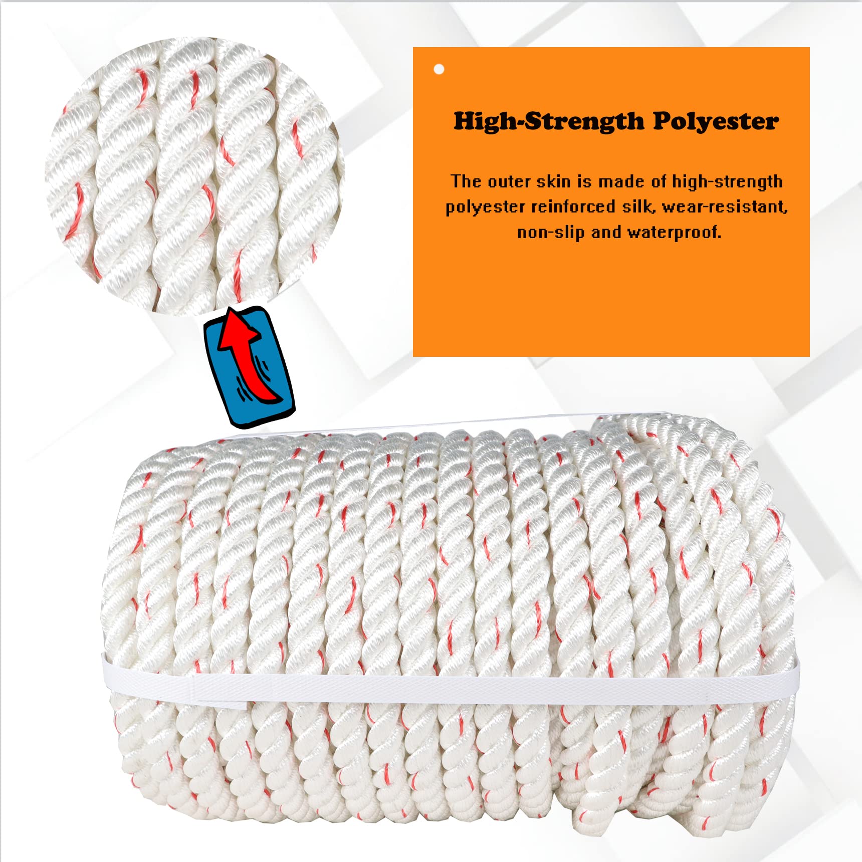 5/8 x 150 Feet Double Braid Polyester Rope - Heavy Duty Arborist Rigging Rope, Multipurpose Bull Rope for Tree Climbing, Boat Mooring, Farm Work & Towing - Durable Nylon Pulling Rope (White/Red) - Perfect for Outdoor Activities, Construction & Emergency Rescue