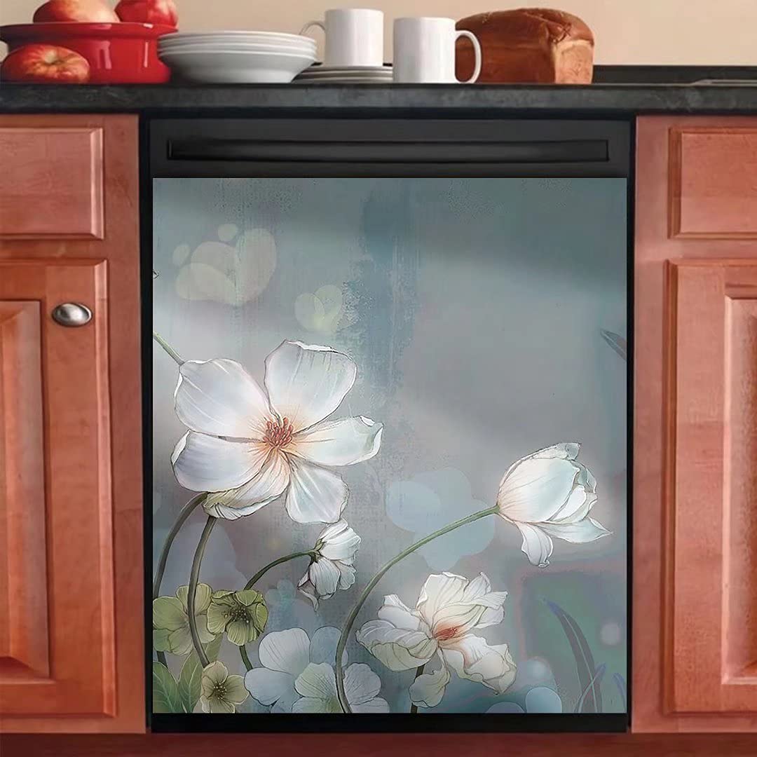 Stylish White Floral Dishwasher Cover - Decorative Magnetic Panel for Front Dishwasher Door, Kitchen Appliance Decal | Perfect for Modern Kitchens & Home Decor