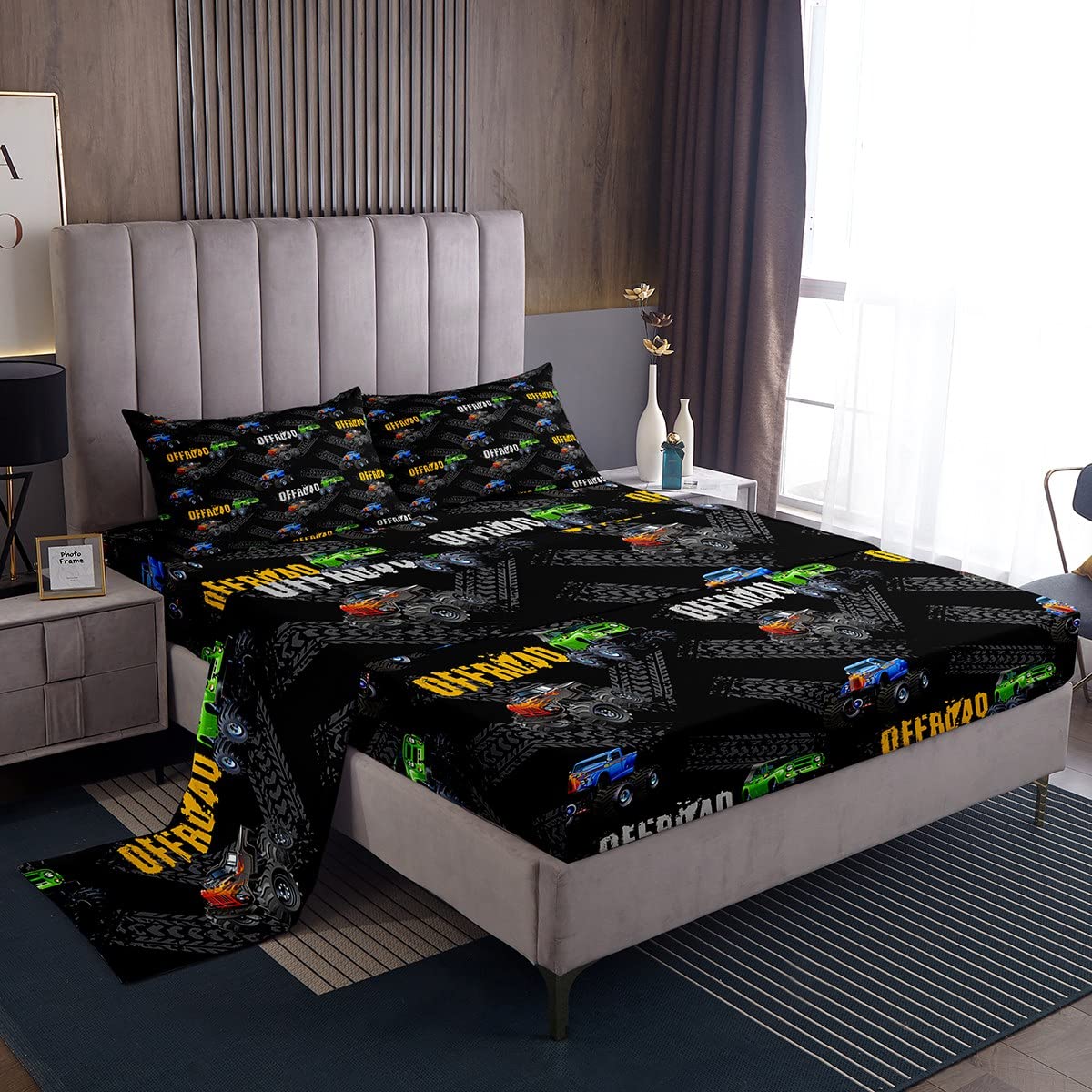 **Manfei Cartoon Truck Queen Size Bed Sheet Set - 4PC Colorful Cars Bedding with Deep Pocket Fitted Sheet, Flat Sheet & 2 Pillowcases - Fun Kids Room Decor for Boys & Teens - Perfect for Bedrooms, Dorms & Themed Parties**