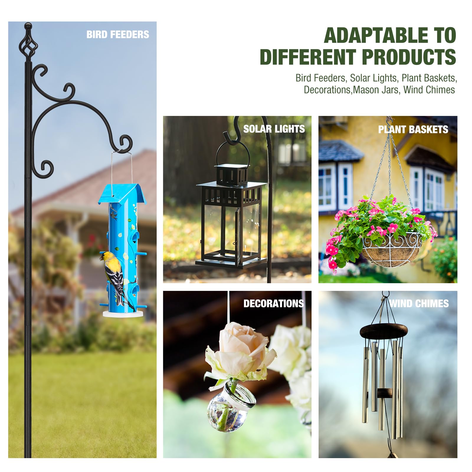 Kingsyard 76 Inch Adjustable Outdoor Shepherds Hook - Heavy Duty Bird Feeder Pole for Hanging Plants, Lanterns & Solar Lights - Perfect for Garden Decor, Wedding & Patio Decoration (Black)