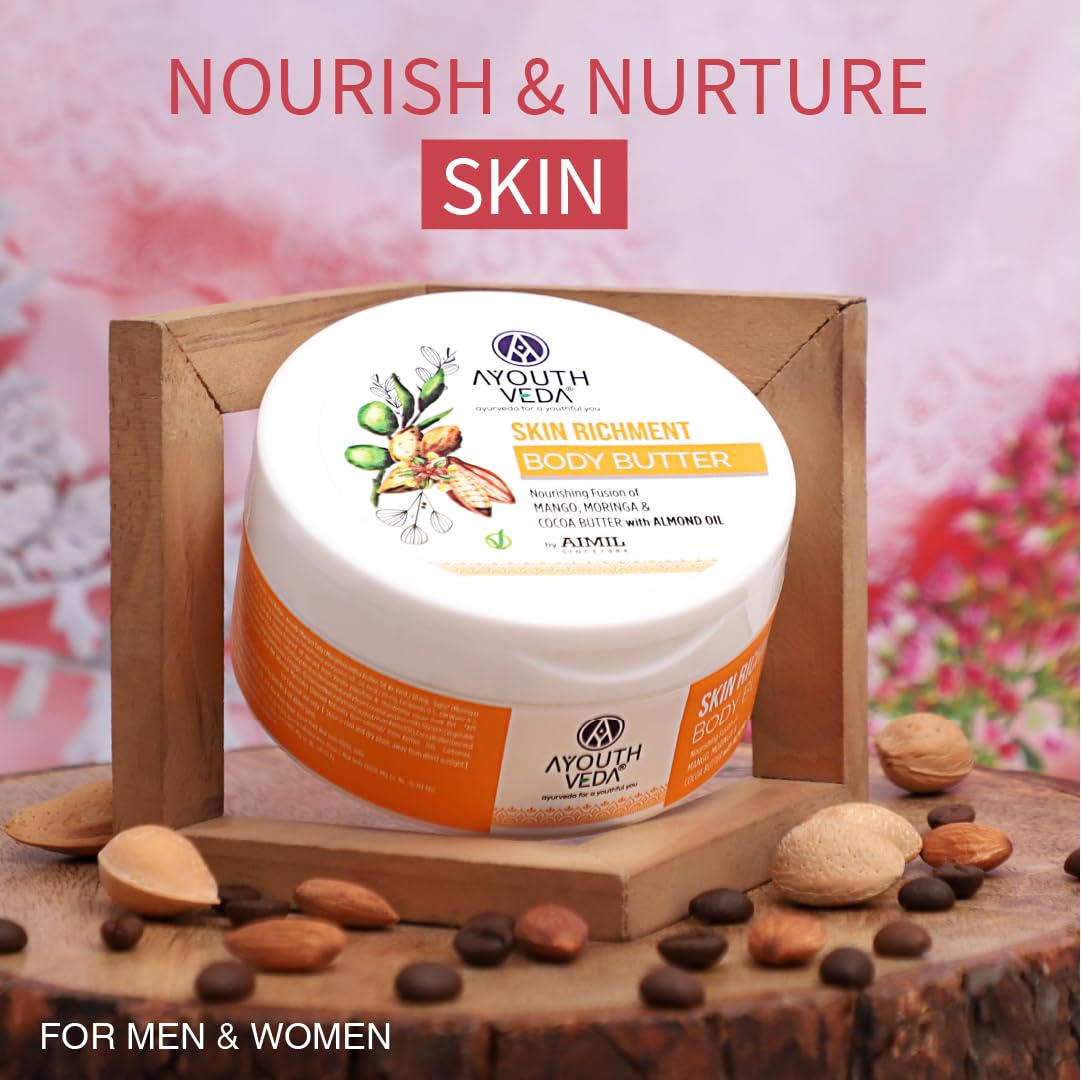 Ayouthveda Skin Richment Body Butter - Cocoa Moringa & Mango Butter with Almond Oil | All-Day Non-Sticky Moisturizer for Men & Women | 200g | Perfect for Dry Skin, After Shower Hydration & Daily Skincare Routine