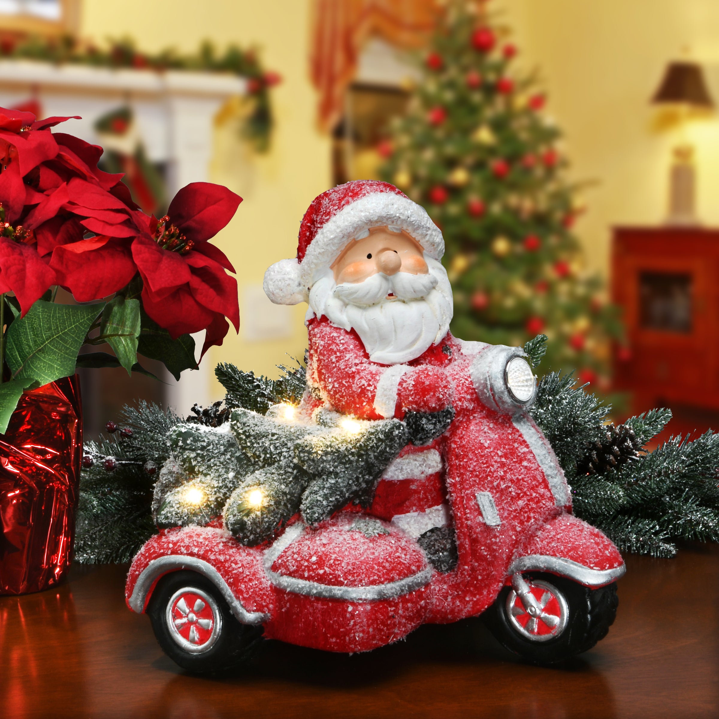 14 Inch Lighted Santa on Scooter - Christmas Decoration for Indoor Outdoor Holiday Decor, Yard, Porch, and Party